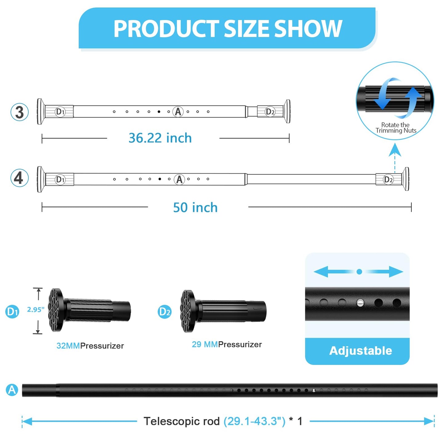shower Curtain Rod 37-50 Inch,curtain rod No Drilling for Window or Bathroom, Outdoor Curtain Rods for Patio black Tension curtain Rod, Easy to Install, Never Rust, Rod Diameter 1.26 Inches