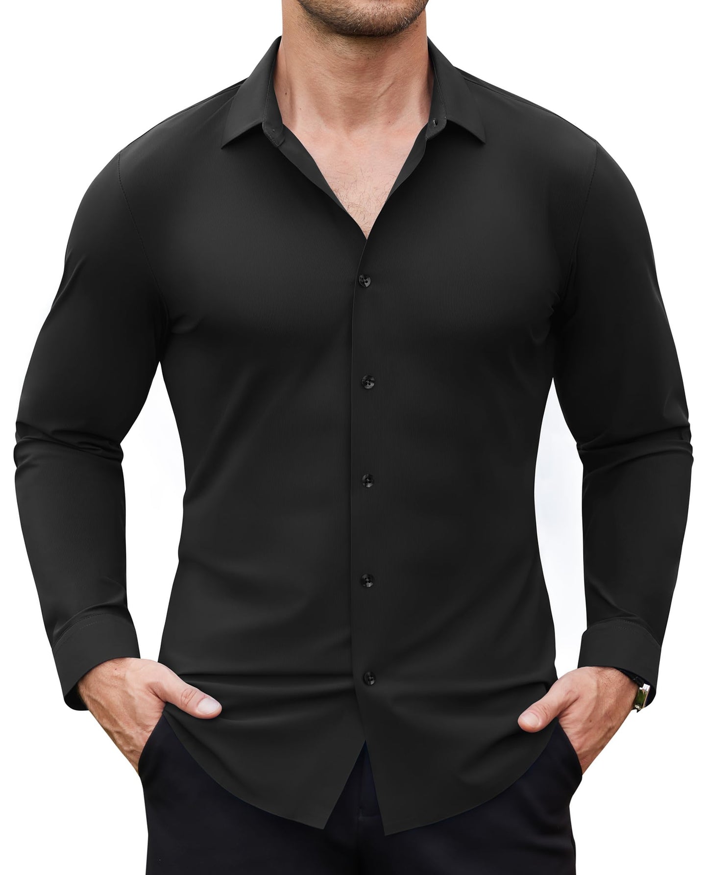 Lion Nardo Stretch Mens Dress Shirts Slim Fit Muscle Dress Shirts for Men Long Sleeve Wrinkle Free Button Down Shirt Black