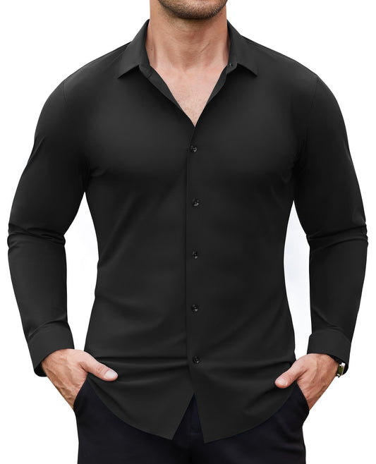 Lion Nardo Stretch Mens Dress Shirts Slim Fit Muscle Dress Shirts for Men Long Sleeve Wrinkle Free Button Down Shirt Black