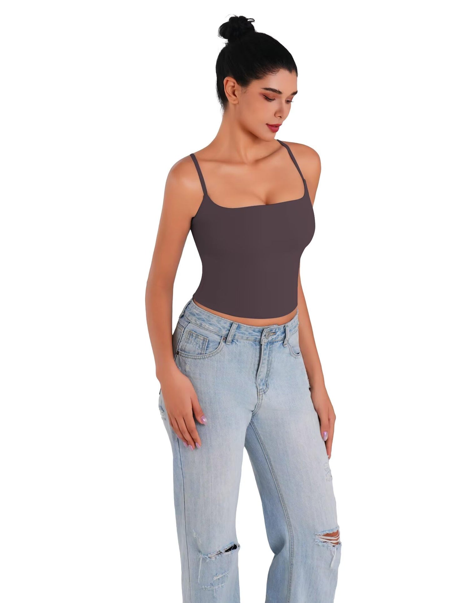 Sunzel Spaghetti Strap Tank Top for Women Double Lined Camisole Square Neck Cami Top Summer Undershirts Going Out Basics Seal Brown Small