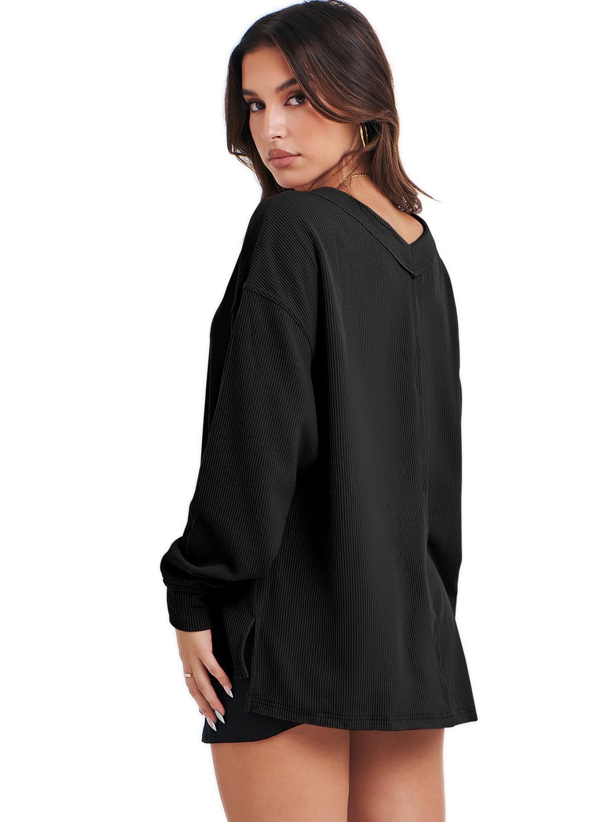 ANRABESS Oversized Long Sleeve Shirts for Women Off the Shoulder Sweatshirt Loose V Neck Tunic Tops High Low Sweater 2025 Black Medium