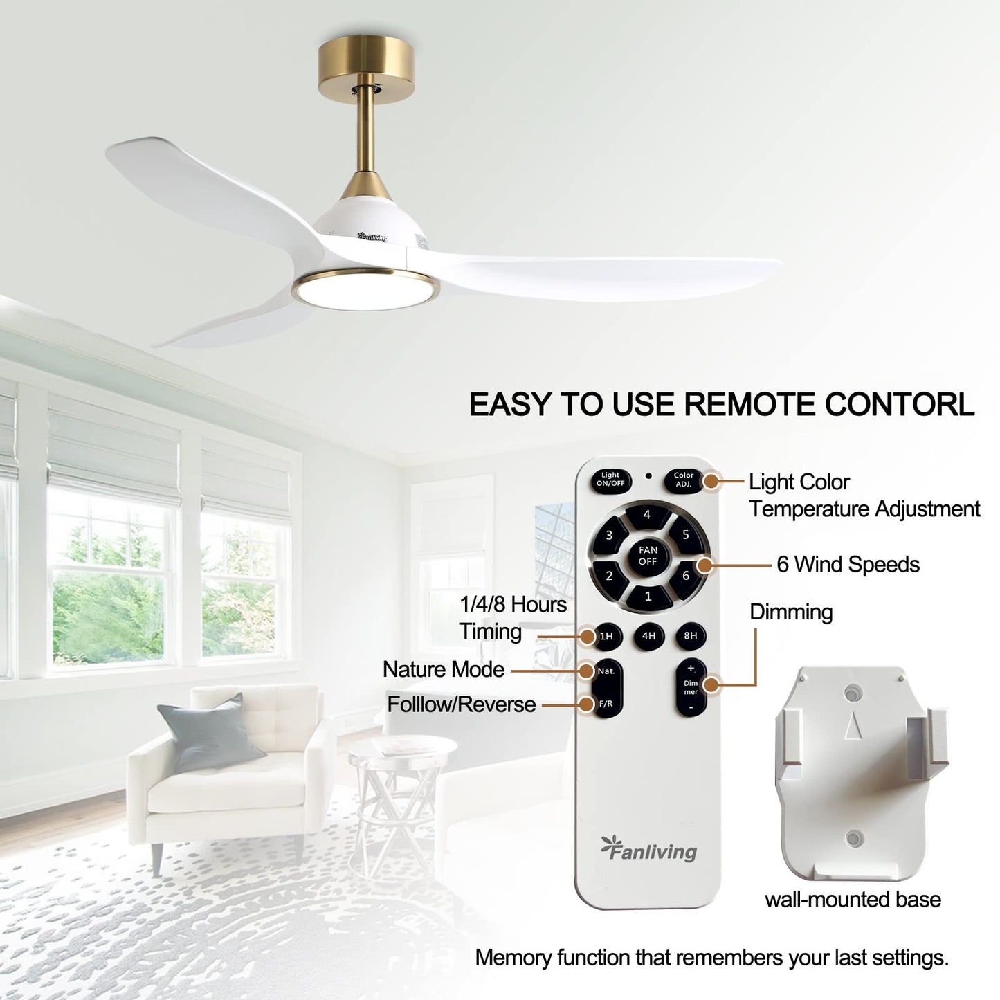 Fanliving 52 Inch 6 Speed High CFM Quiet DC Motor Modern Ceiling Fan with Lights Remote Control, 3 Blade White Gold Indoor Bedroom Living Room Ceiling Fan