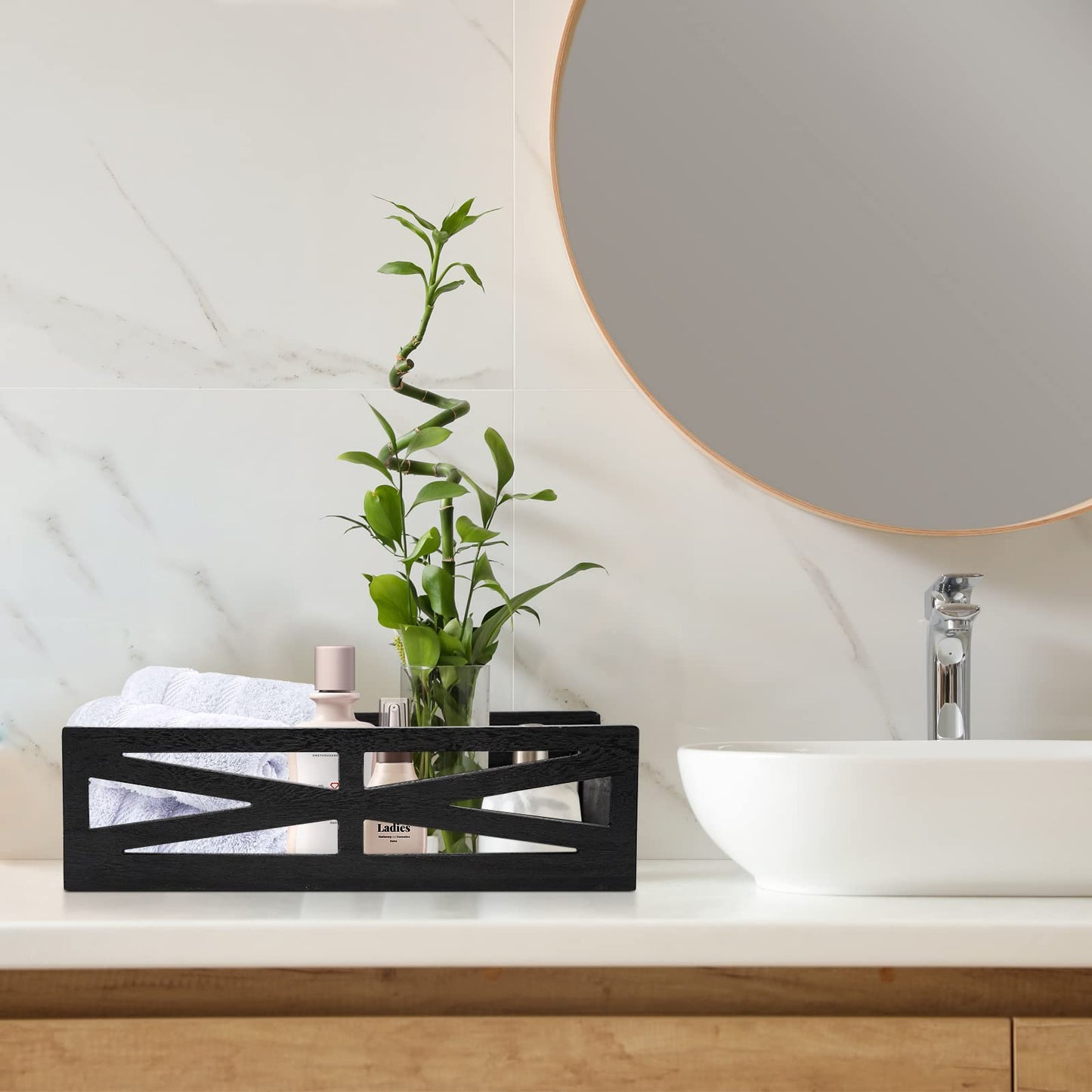 Wooden Bathroom Decor Box, Rustic Toilet Tank Holder, Farmhouse Toilet Paper Organizer Holder Storage Box Perfect for Living Room, Table Counter and Kitchen (Black)