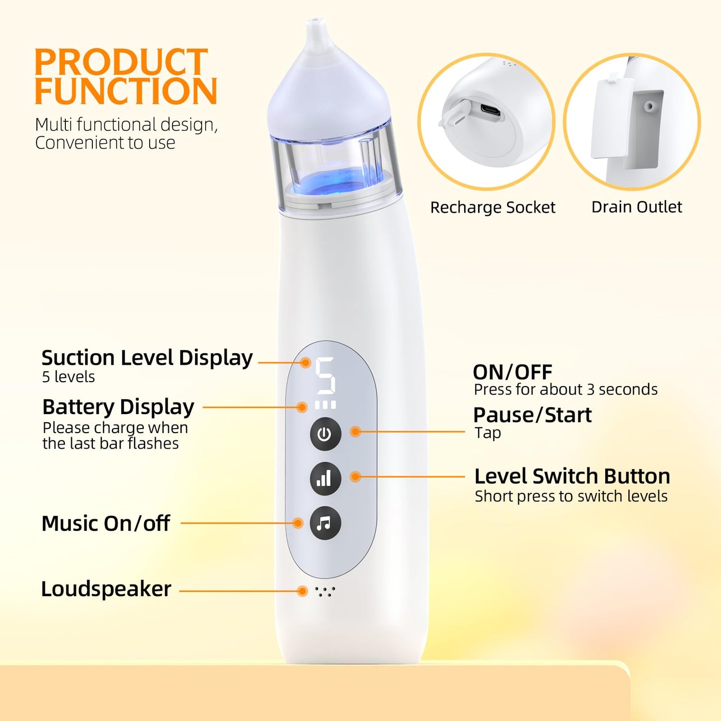 pudult Nasal Aspirator for Baby 5 Suction Levels Rechargeale Nose Sucker, Music and Light Silicone Nose Suction Battery Powered, Best Baby Girls Boy Adult Pets Essentials