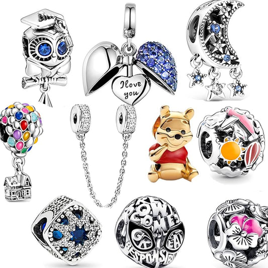 10 Pack Silver Bead Charms for Pandora Bracelets and Necklaces Charm for Woman Dangle Pendant Beads Set (D)