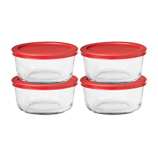 Anchor Hocking SnugFitTM Round Food Storage Containers with Lids (4-Piece, 4-cup, Red, oven-safe)