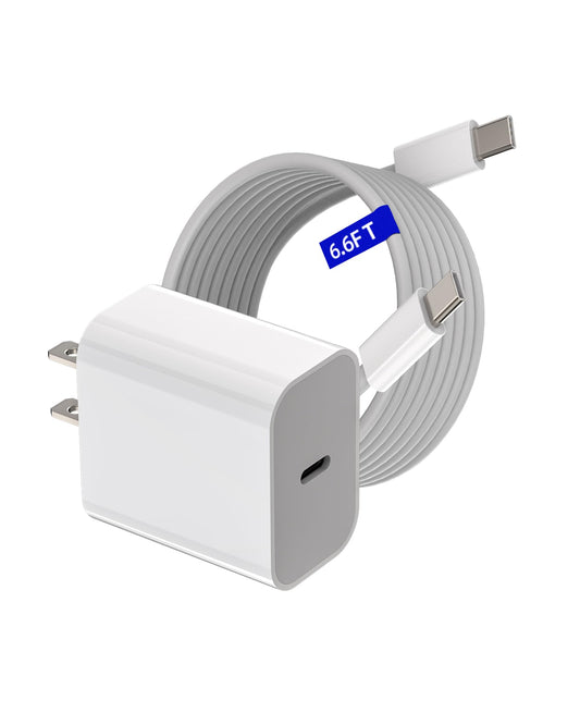 USB C iPhone Fast Charging Box 20 Watt Wall Charger Block 6.6 FT Long Cable for 15 Pro Max Plus iPad 10、Air 4/5、Mini6、Pro 12.9 USBC Cord Cell Phone Power Adapters Type C Charge Brick Accessories
