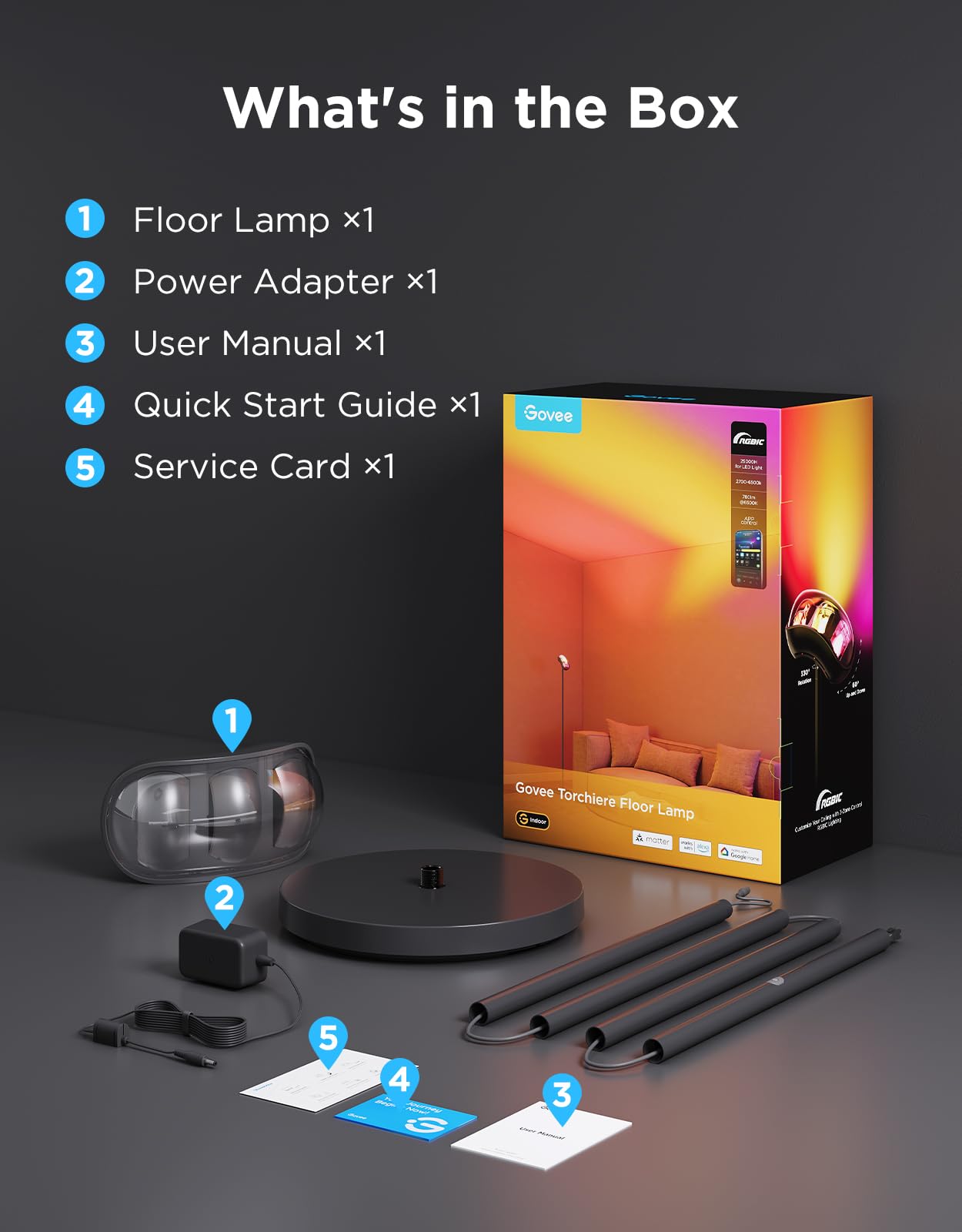 Govee Torchiere Floor Lamp with Matter, Alexa Compatible, RGBIC Warm Cool White Standing Lamp with 77 Scene Modes, Music Sync, 67" Modern Floor Lamps for Living Room Bedroom, Black, 172 ft² Light Area