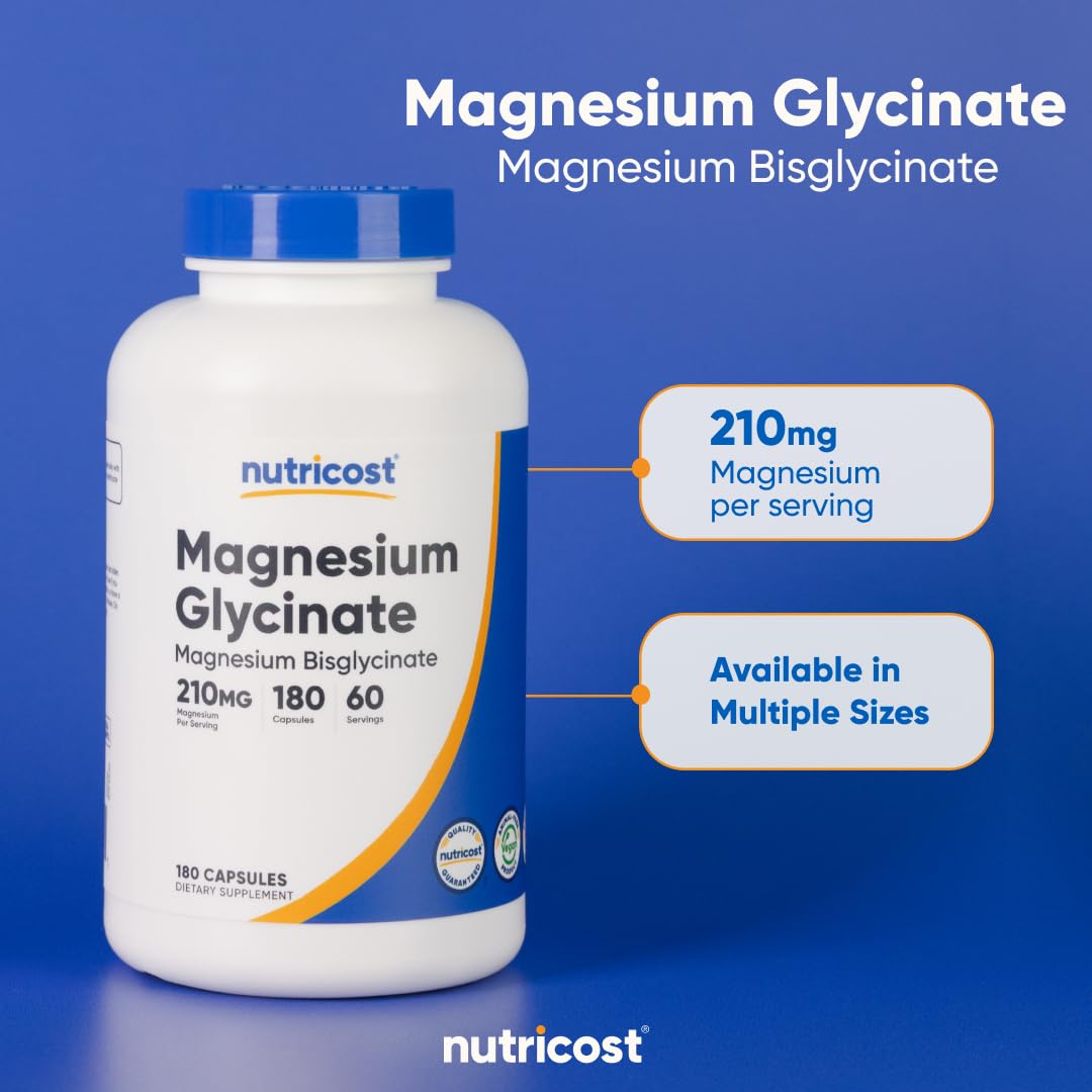 Nutricost Magnesium Glycinate Capsules (180 Capsules, 210 mg Per Serving) - Magnesium Glycinate Supplement for Gentle Absorption