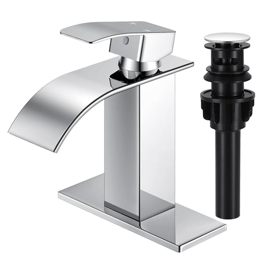 RNDIOZD Chrome Bathroom Faucets, Waterfall Bathroom Sink Faucet Modern Single Handle Bathroom Faucte 1 or 3 Hole, RV Mixer Tap Vanity Faucet - Includes Pop-up Drain Supply Hoses Deck Plate