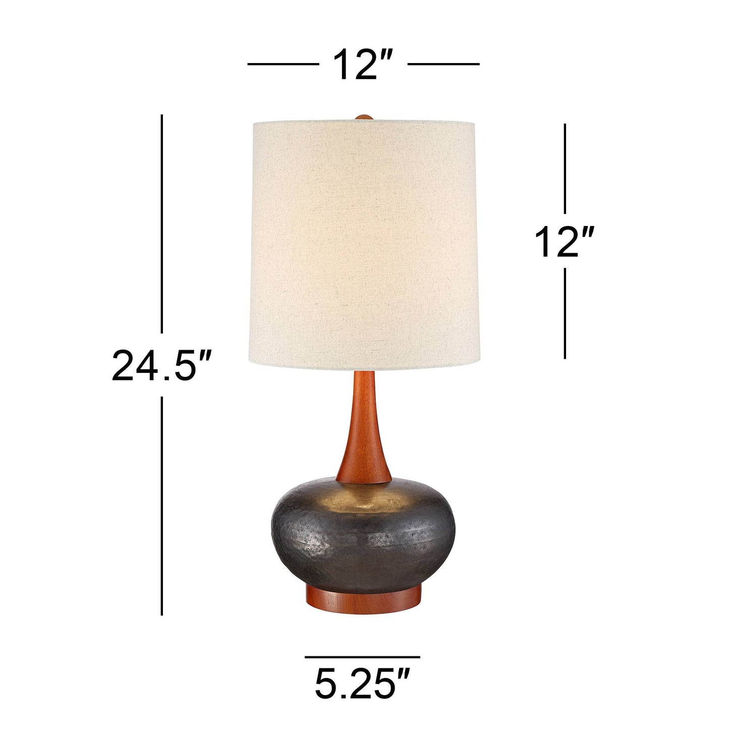 360 Lighting Andi Mid Century Modern Table Lamp 24.5" High Hammered Bronze Ceramic Wood Off White Tall Drum Shade for Living Room Bedroom House Bedside Nightstand Home Office (Color May Vary)