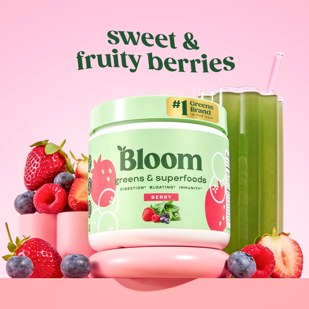 Bloom Nutrition Superfood Greens Powder, Digestive Enzymes with Probiotics and Prebiotics, Gut Health, Bloating Relief, Berry + Milk Frother High Powered Hand Mixer