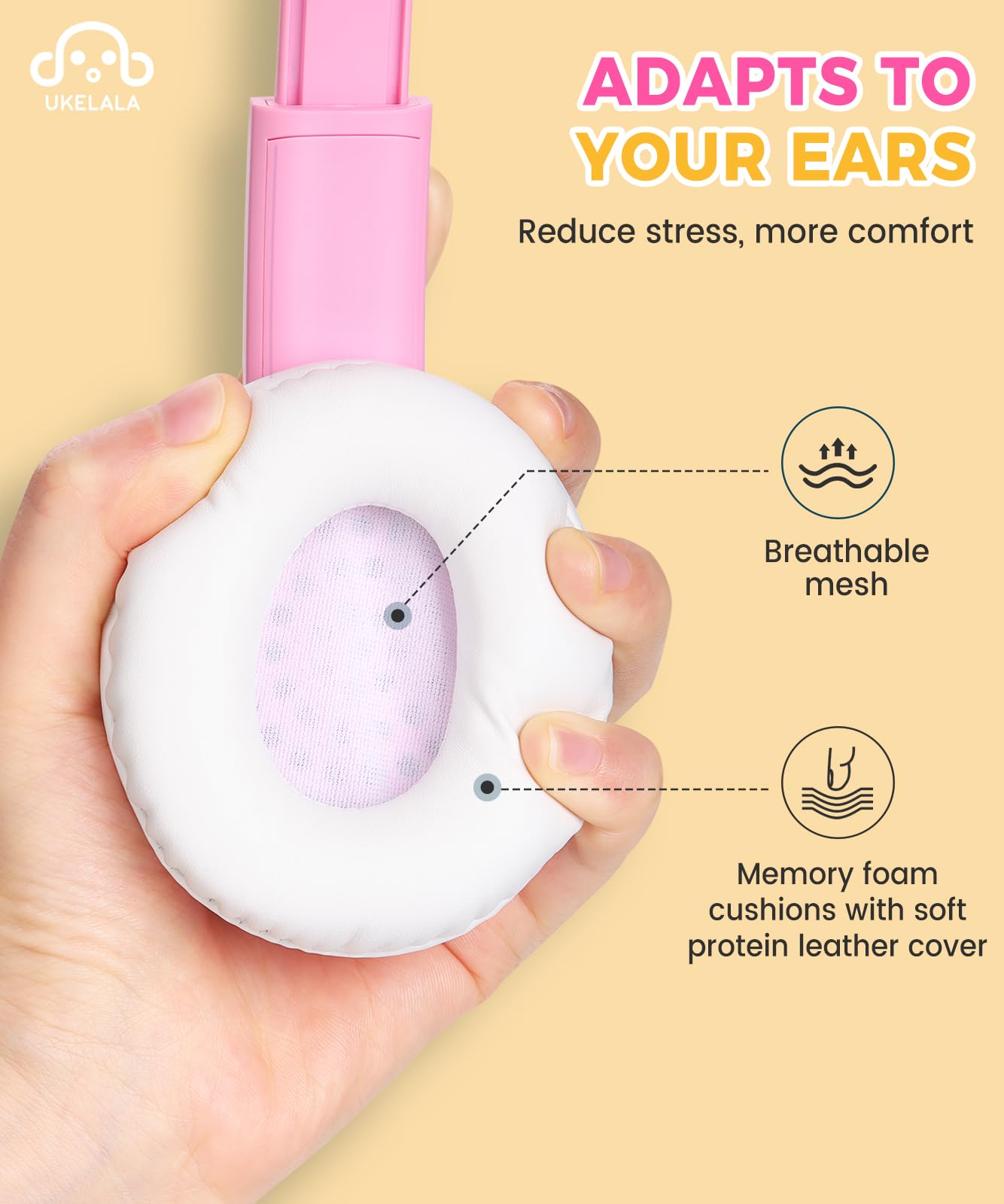 UKELALA C3 Kids Headphones Wired, On-Ear Wired Head Phones for Boys Girls with 3.5mm Jack, Foldable, Adjustable Headband, Child Headphone for School Home Airplane Tablet Pink