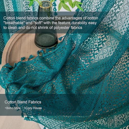 WAZZIO Teal Sheer Curtains 84 Inches Long Boho Cotton Crochet Lace Curtains with Tassel Rod Pocket Semi Sheer Light Filtering Curtain Drapes Teal Curtains for Bedroom Living Room 2 Panel,Turquoise
