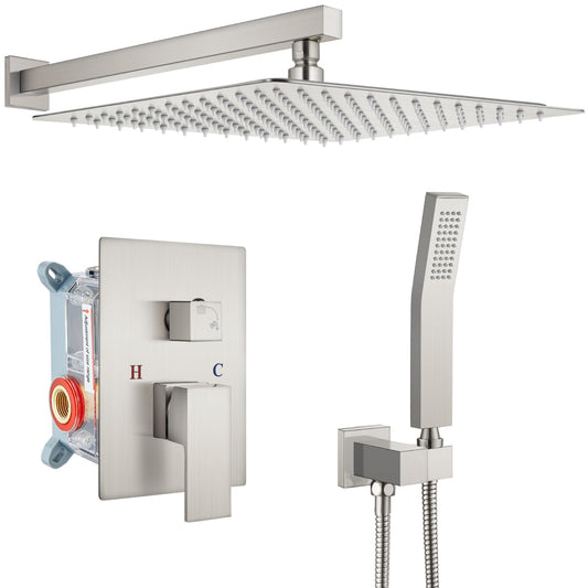 gotonovo Rainfall Bathroom Shower System Rain Shower Head and Handle Set Wall Mounted Shower Complete Combo Solid Brass Pressure Balancing Shower Mixer Valve 16 Inch Brushed Nickel