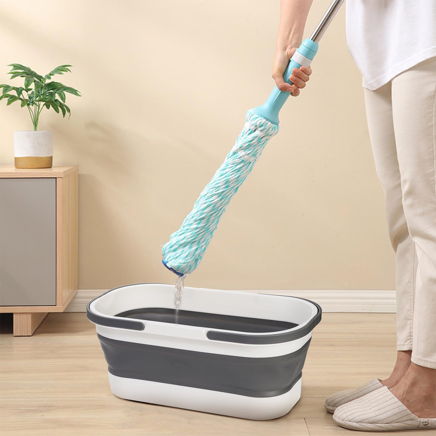 Yesland 2 Pack Collapsible Plastic Bucket with Wheels, 12L (3.17 Gallon) Foldable Rectangular Mop Bucket, Portable Water Pail with Handle for House Cleaning, Car Washing, Fishing, Camping, Gray & Blue