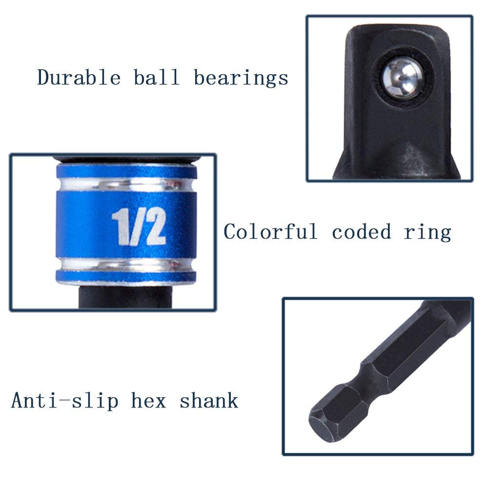 CIGOTU Impact Grade Power Hand Tools Driver Sockets Adapter Extension Set, 3Pcs 1/4 3/8 1/2" Hex Shank Drill Nut Driver Bit Set + 105 Degree Right Angle Driver Extension Screwdriver Drill Attachment