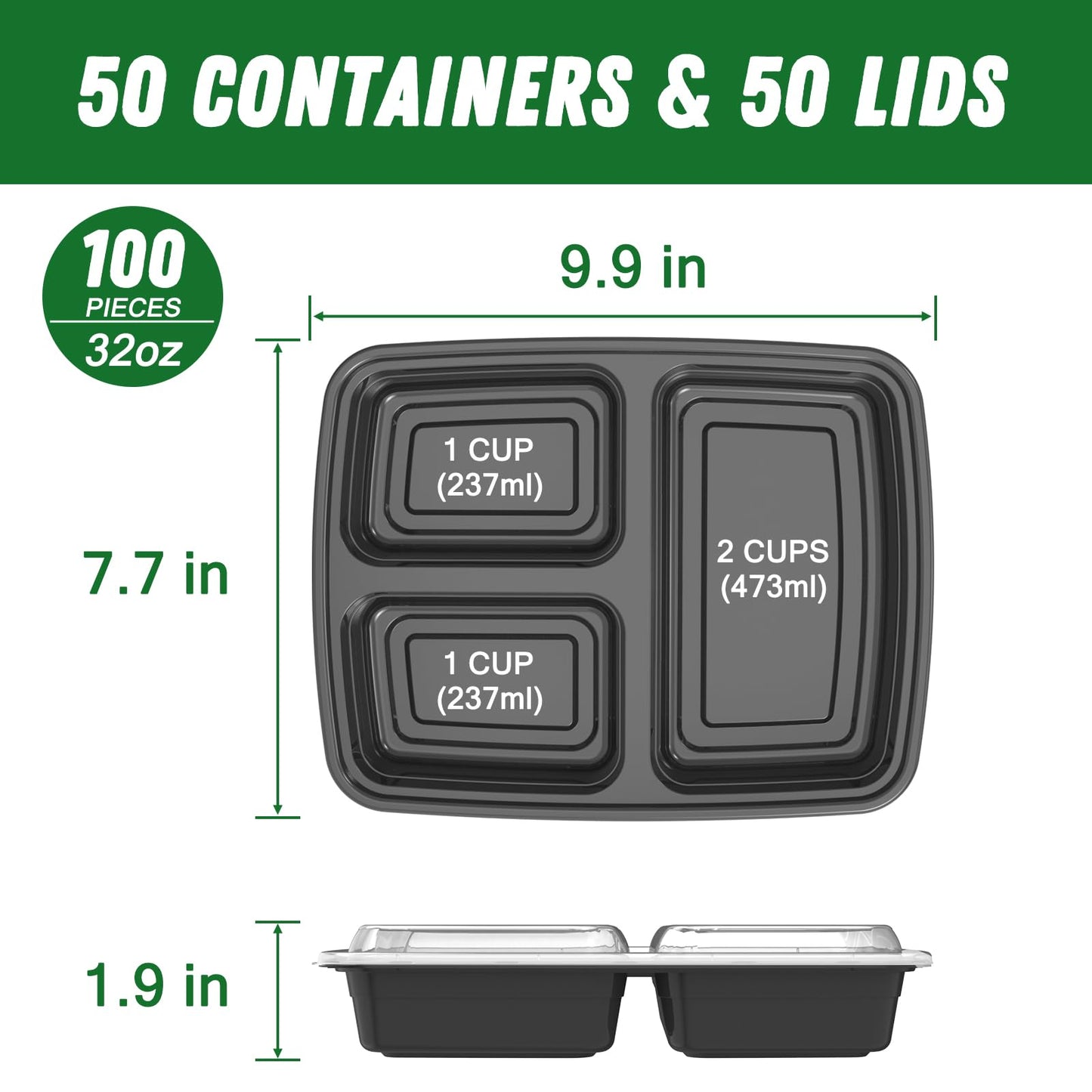 50 Pack (100-Piece) 32 oz Meal Prep Containers Reusable with Lids 3-Compartment, To Go Take Out Plastic Food Storage Containers, Sturdy Leakproof Food Safe, Microwave Freezer Dishwasher Safe, Black