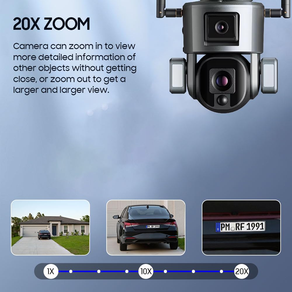 ESOE Y5-4K Solar Security Camera Dual Lens, Wireless Outdoor 360° PTZ with AI Human Auto Tracking, 20000mAh Battery, 2.4G/4G LTE, No Monthly Fee, Color Night Vision (WiFi, 20X Zoom)