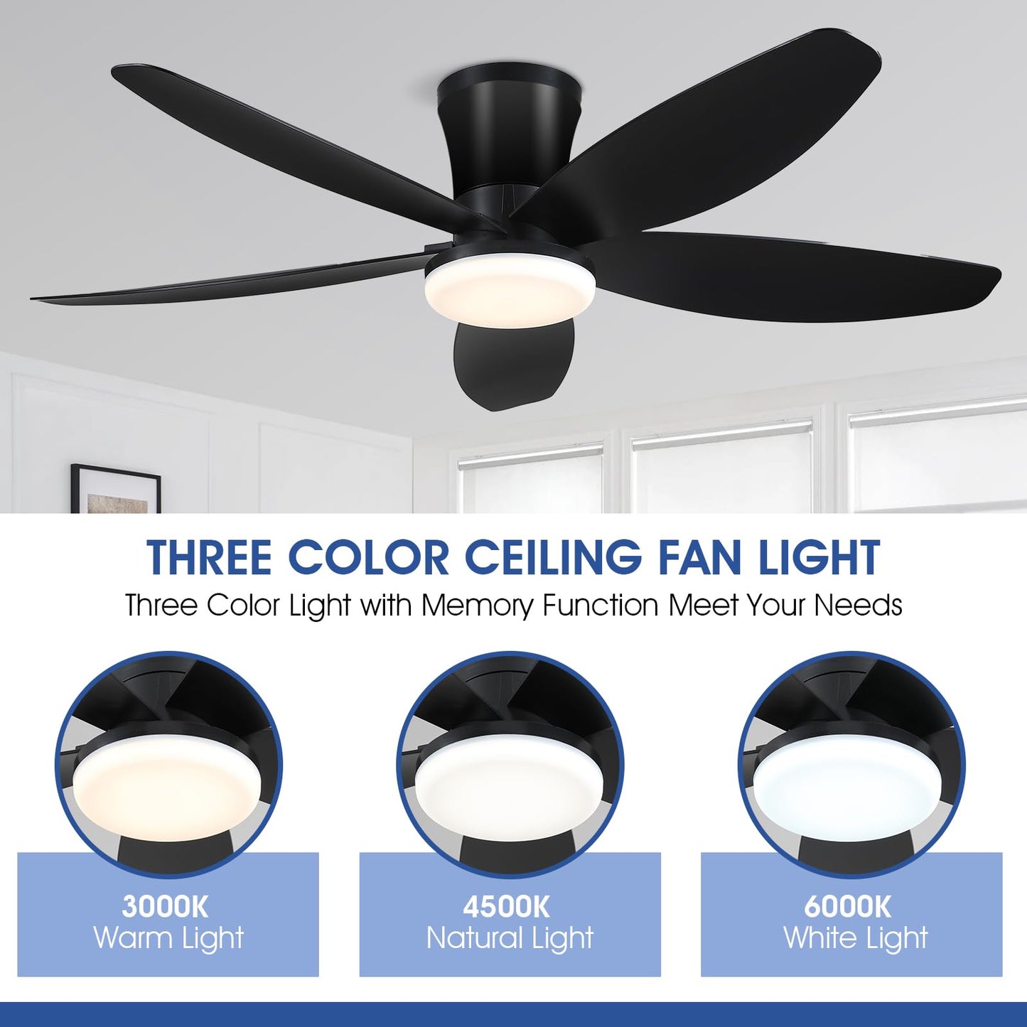 Surtime 42" Ceiling Fans with Lights-Low Profile Ceiling Fan with Light and Remote/APP Control,Flush Mount,DC Reversible,LED Dimmable Black Ceiling Fans for Bedroom,Indoor/Outdoor Patio Use