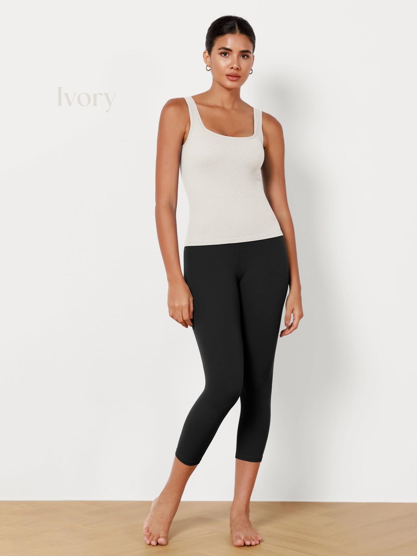 ODODOS 3-Pack Seamless Square Neck Tank for Women Ribbed Knit Soft Low Back Sleeveless Tops, Waist Length, Ivory+Dusty Blue+Sphinx, X-Large/XX-Large