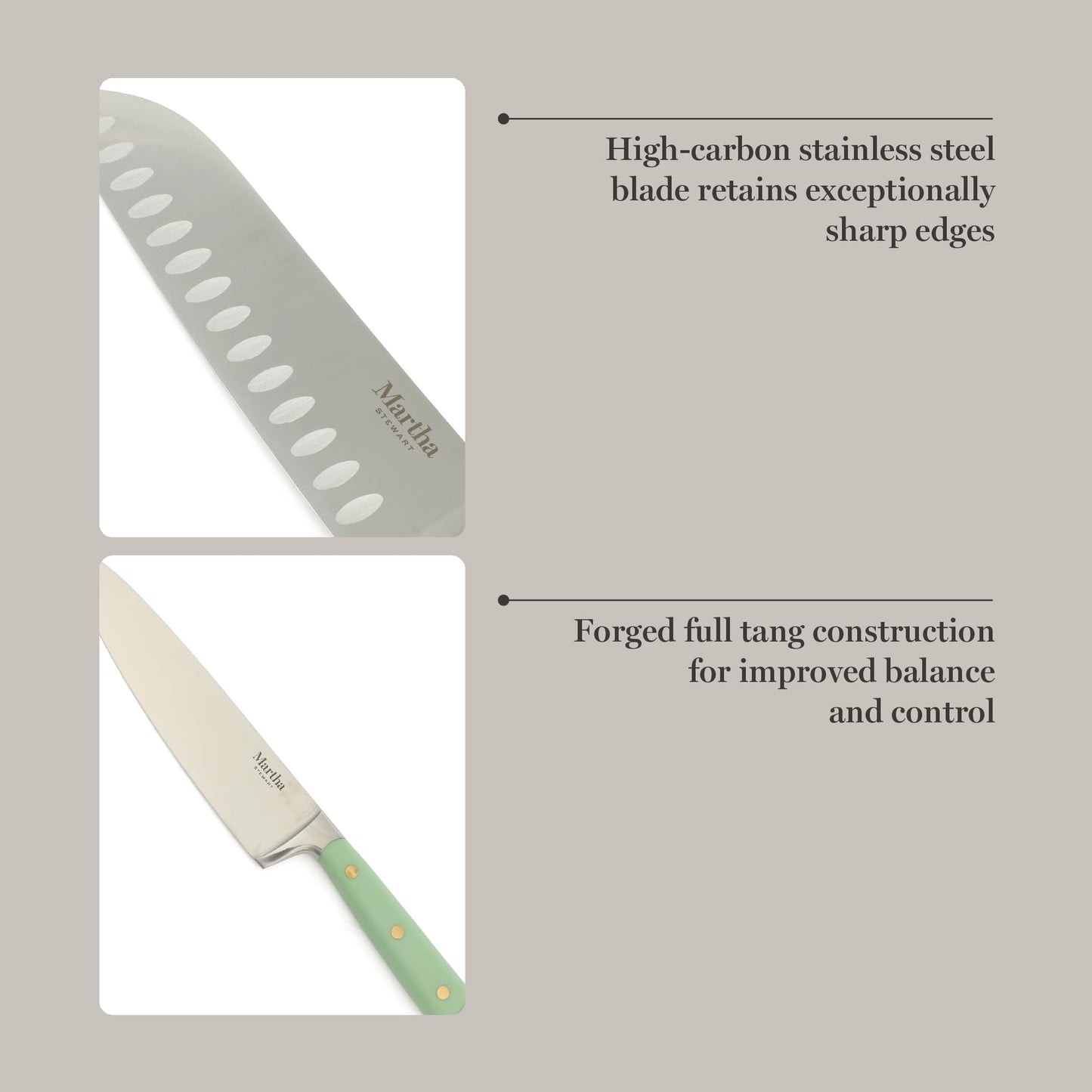 Martha Stewart 16 Piece Lockton High Carbon Stainless Steel Cutlery Kitchen Knife Block Set W/ABS Tripe Riveted Forged Handle Acacia Wood Block - Sage Green W/Gold