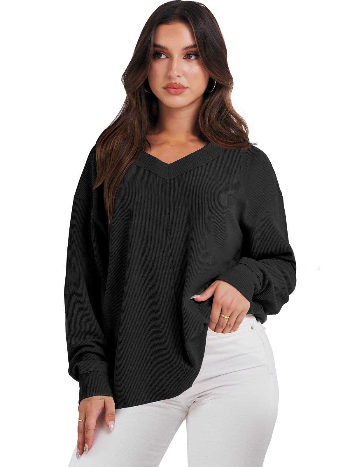 ANRABESS Oversized Long Sleeve Shirts for Women Off the Shoulder Sweatshirt Loose V Neck Tunic Tops High Low Sweater 2025 Black Medium