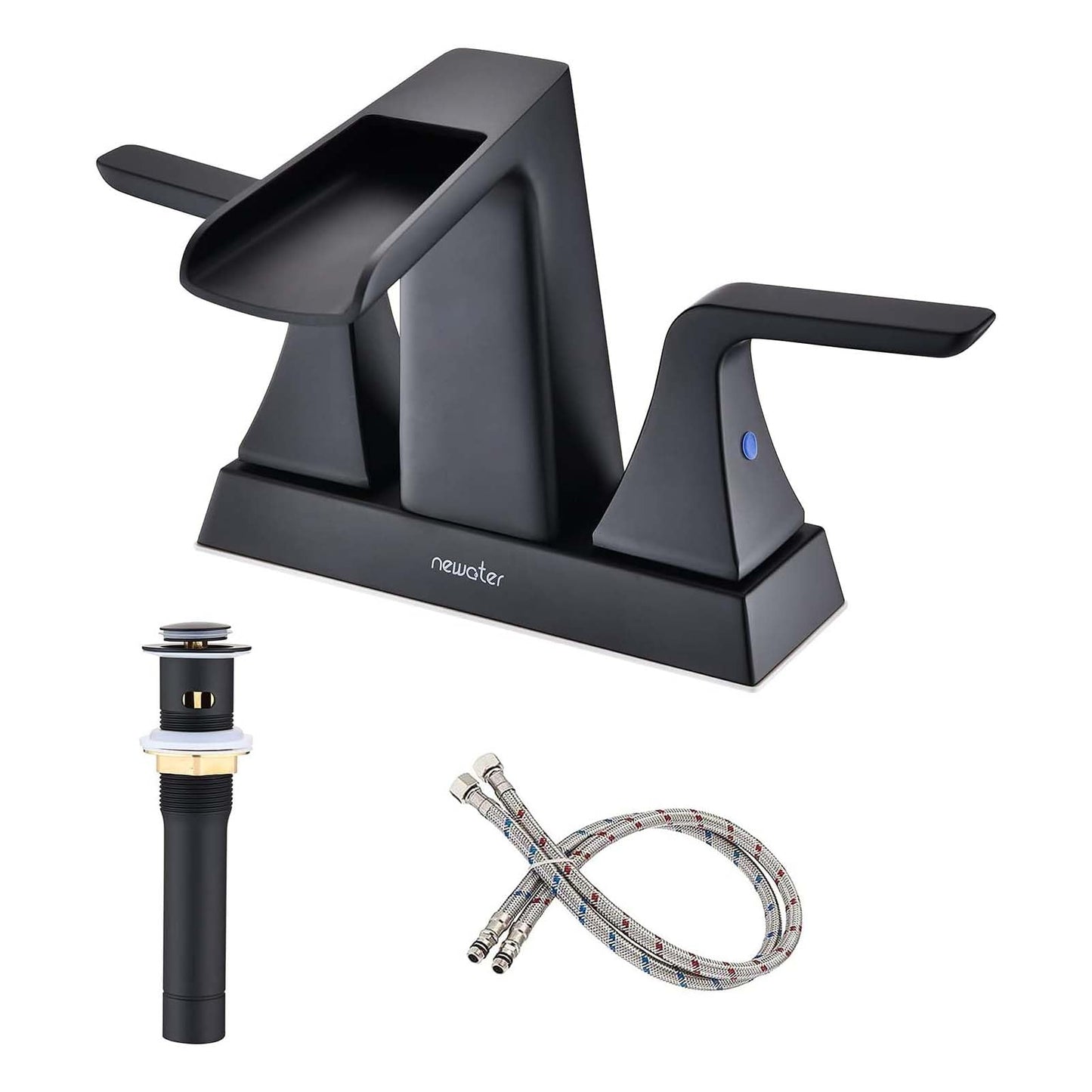 Waterfall Bathroom Faucets for Sink 2-3 Hole, NEWATER 4 inch Matte Black Bathroom Sink Faucet with Metal Pop-up Drain and 2 Supply Hoses，2-Handle Centerset Vanity Faucet for Sink