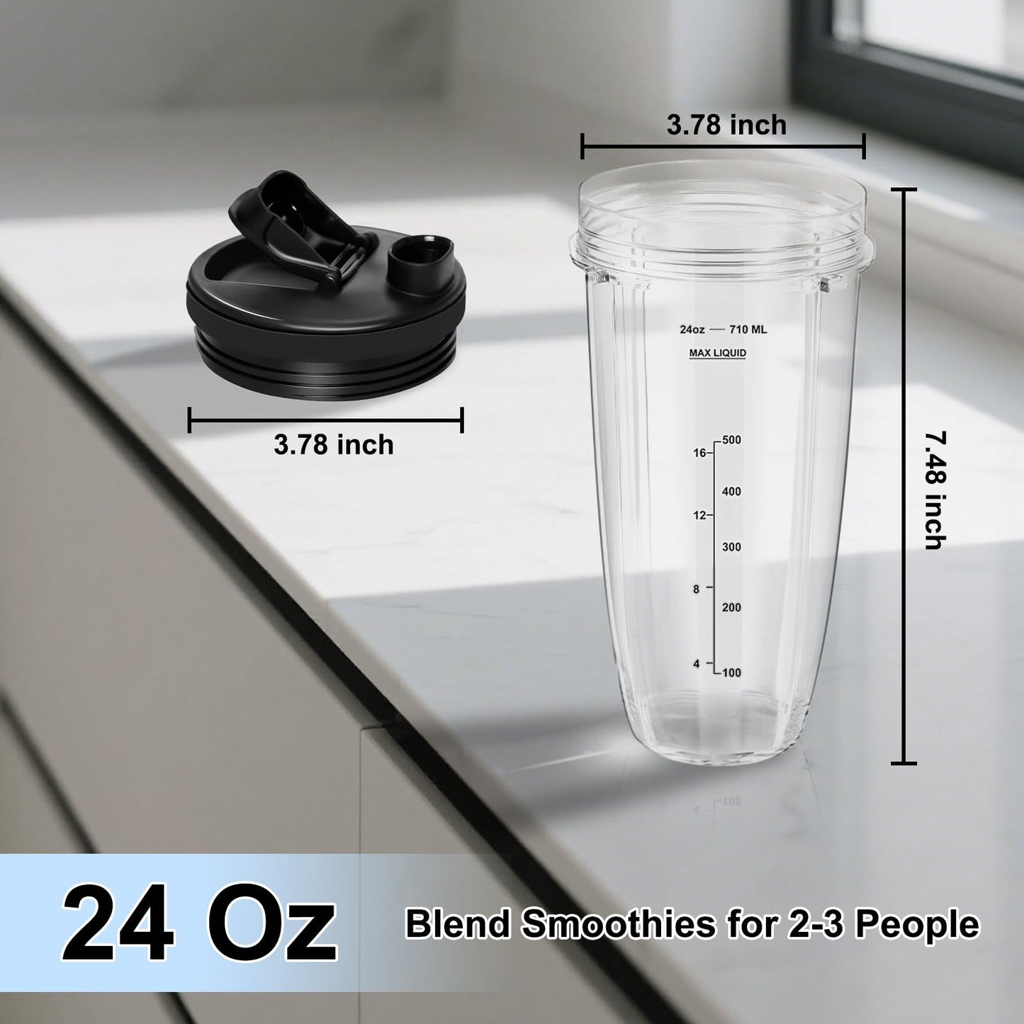 Replacement 24oz Blender Cups with Lid for Ninja, 7 Fins Extractor Blade Compatible with Nutri Auto iQ BN401 BN751 BN801 BL642 BL456 BL480 Foodi SS401 SS101 NN100 NN210 NN102 BL2012