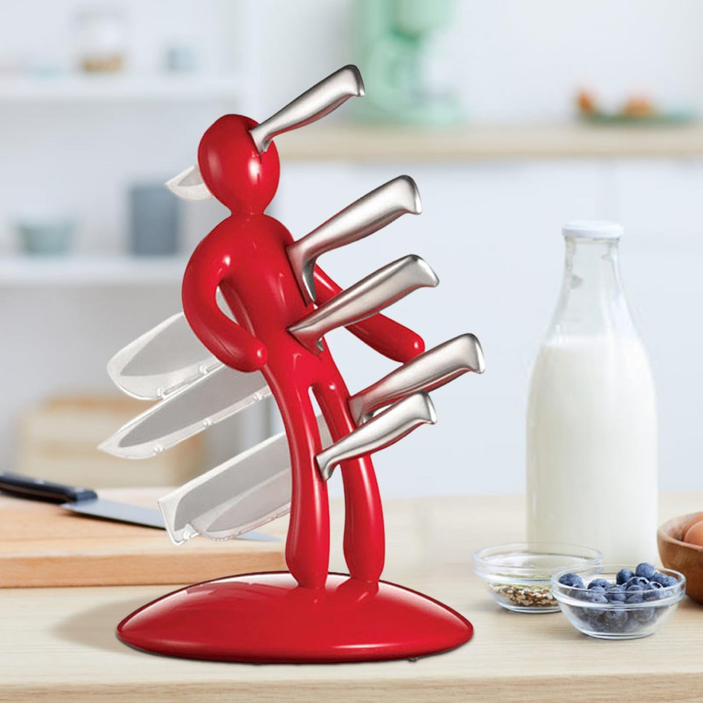 Kitchen Knife Set Set, Premium 5 Piece Novelty Stainless Steel Knife Set Set With Unique Knife Holder High Carbon Stainless Steel Sharp Knives Set, Creative Human Knife Sets (Red)