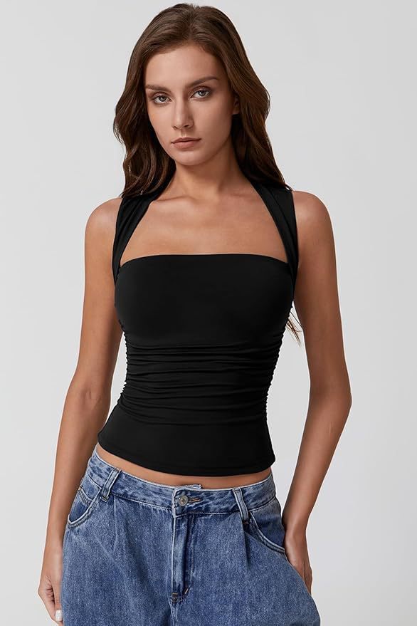 Off-the-shoulder Square Collar Shoulder Strap Midriff-baring Top