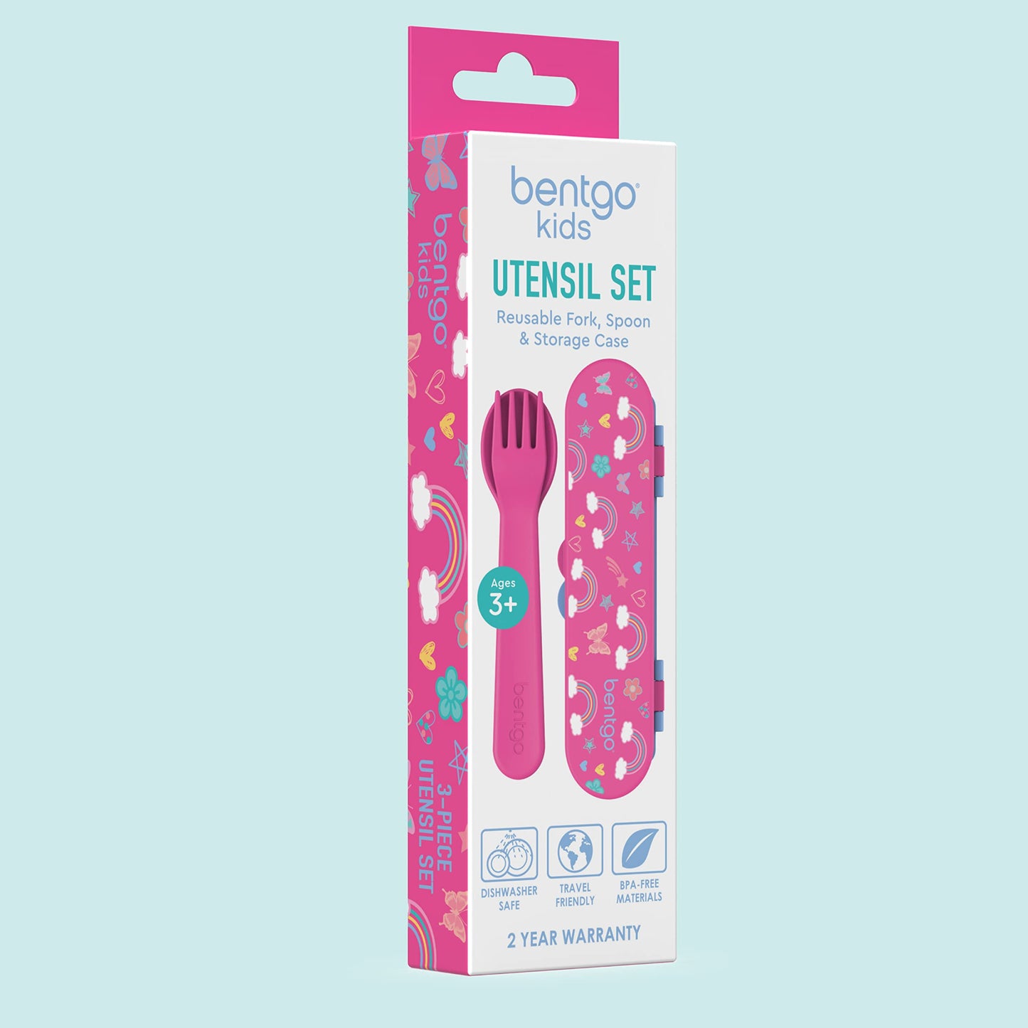 Bentgo Kids Utensil Set - Reusable Plastic Fork, Spoon & Storage Case BPA-Free Materials, Easy-Grip Handles, Dishwasher Safe Ideal for School Lunch, Travel, Outdoors (Rainbows and Butterflies)