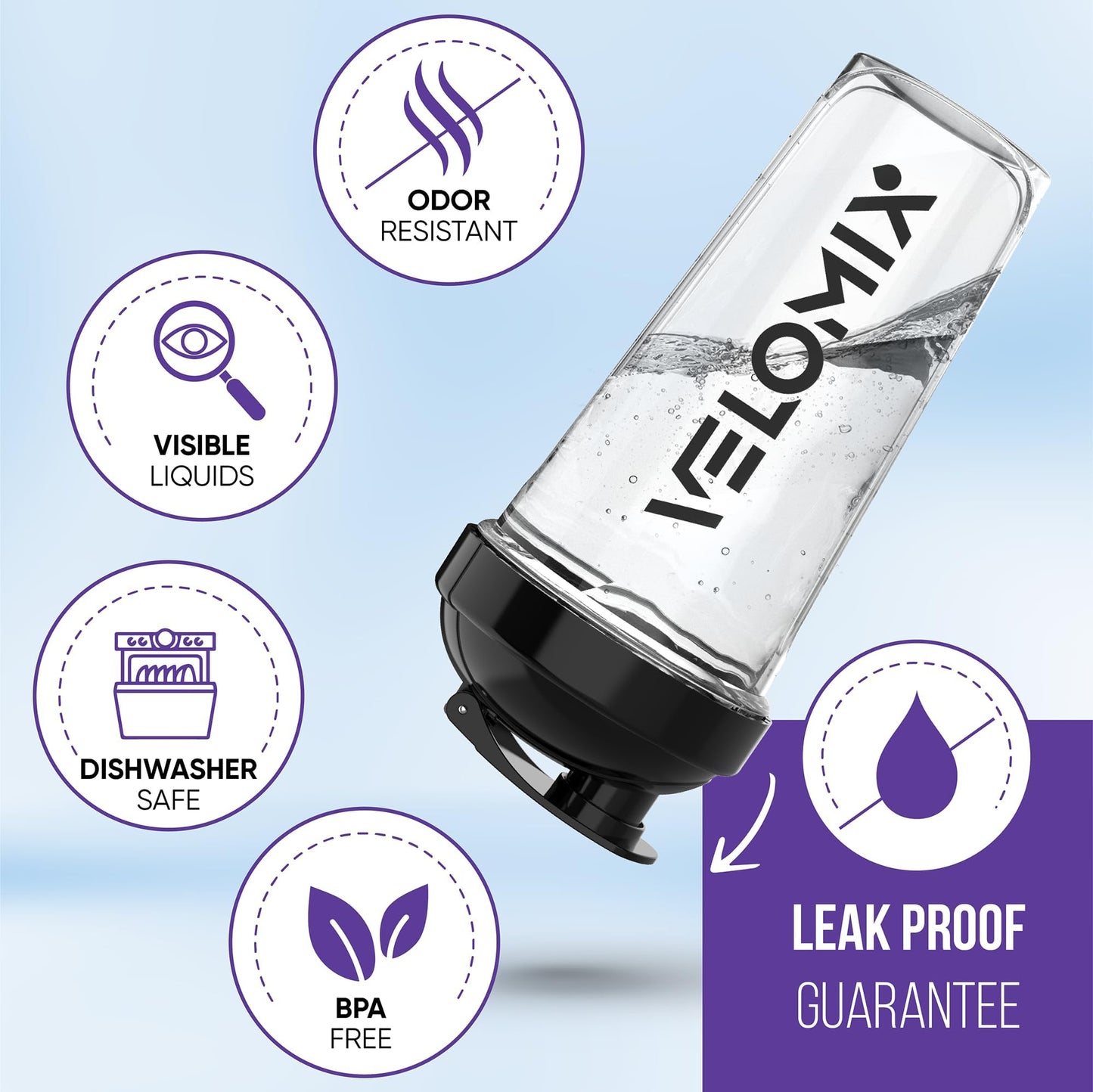 VELOMIX -2 Pack- 28 oz Protein Shaker Bottles for Protein Mixes - 2x Wire Whisk | Leak Proof Shaker Cups for Protein Shakes | Protein Shaker Bottle Pack (Black/Transparent)