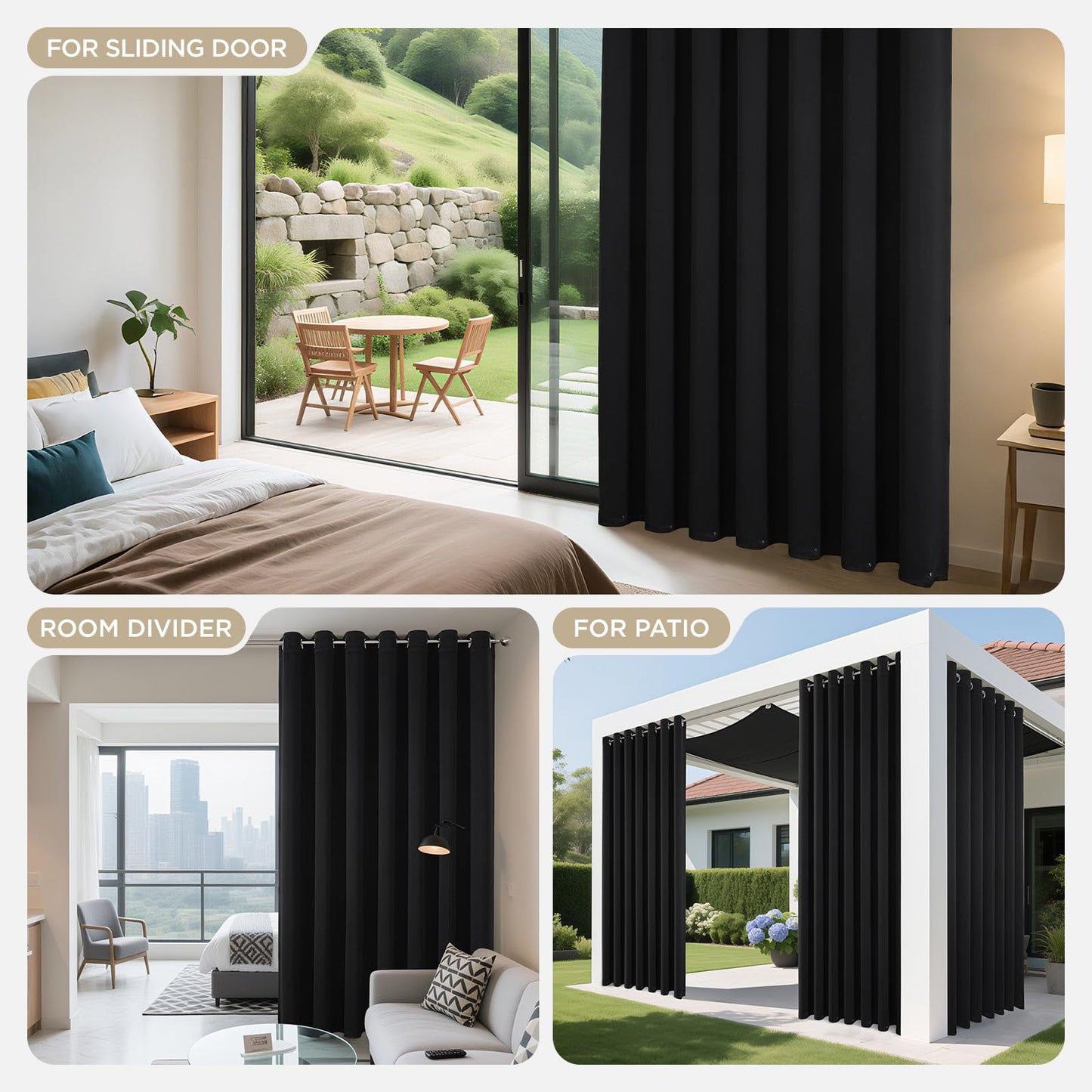 Joydeco Blackout Patio Sliding Door Curtains 84 Inches Long, Grommet Privacy Room Divider Curtains, Extra Wide Thermal Blackout Drapes for Bedroom Living Room (Black, 100Wx84L, 1 Panel)