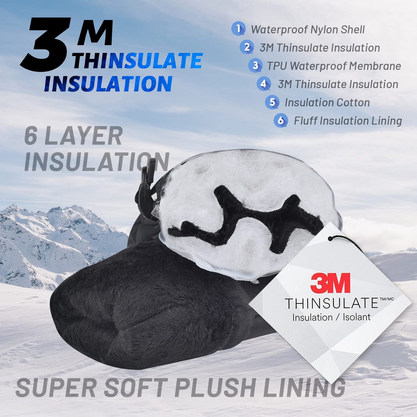 Ski Gloves Waterproof Touchscreen for Men Women Winter Snow Snowboard Gloves Warm Thermal 3M Thinsulate Insulated Black Snowmobile Gloves with Pocket for Extreme Cold Weather Outdoor Windproof Medium