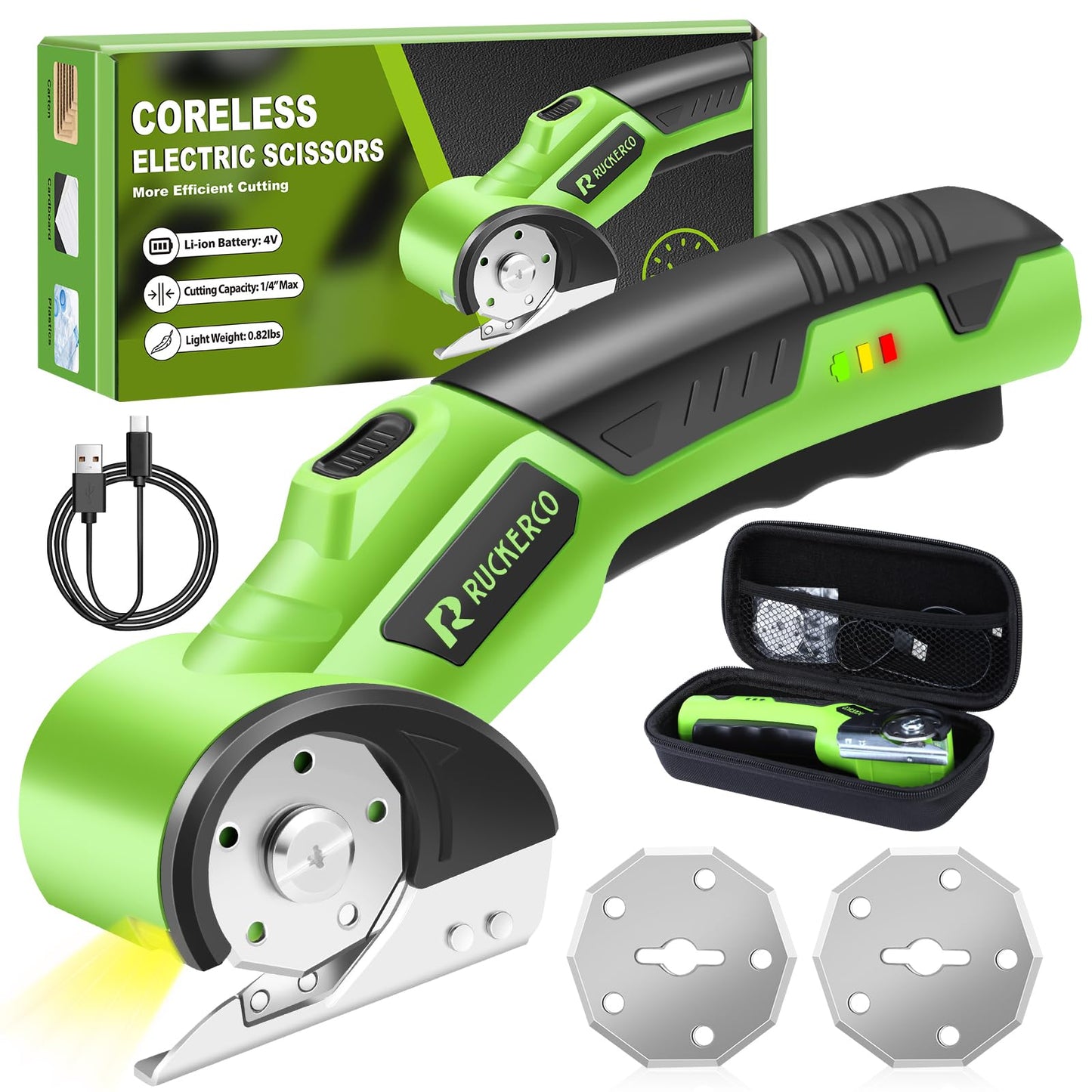 Cordless Electric Scissors Box Cutter 2 Rotary Blades – 4V Heavy Duty Rechargeable Cardboard Cutter, Storage Box & Fabric Scissor With Safety Lock, USB Cable – For Plastic, Carpet, Leather, DIY Crafts