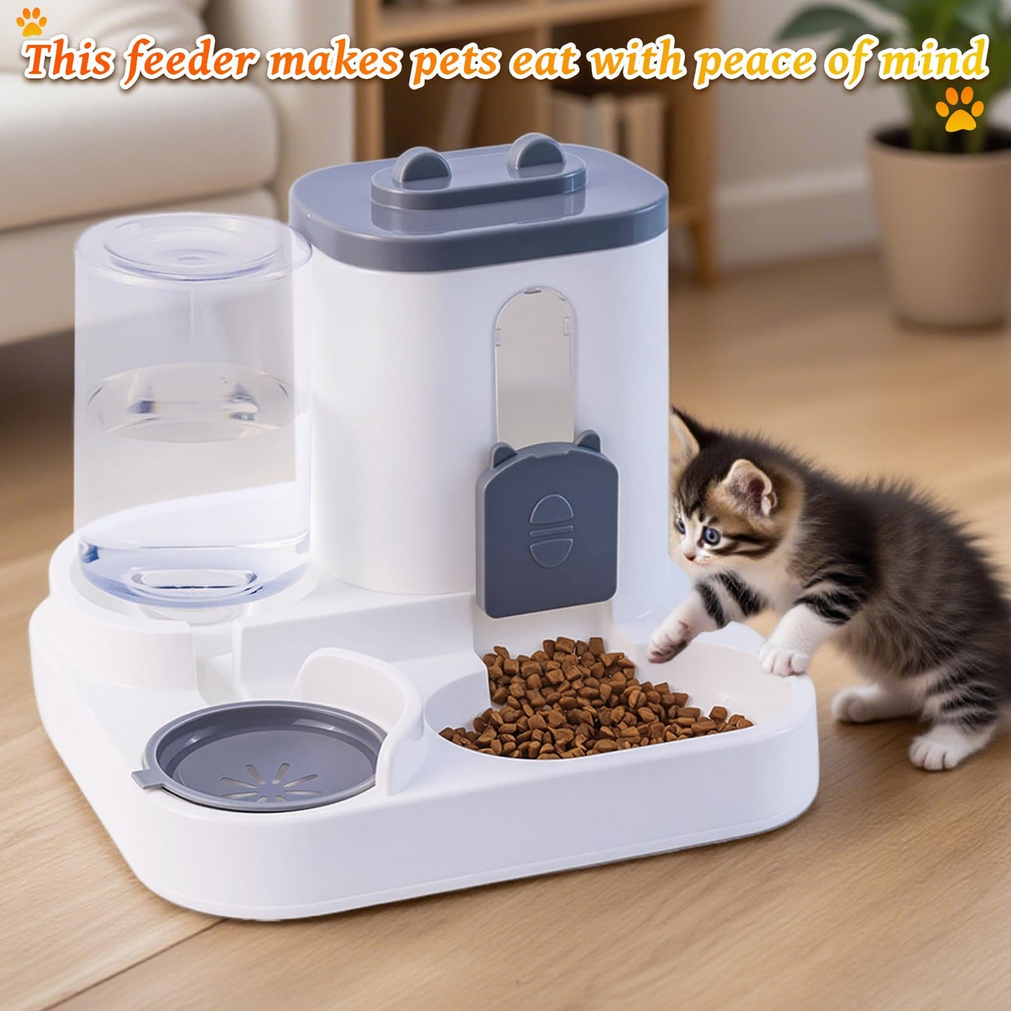 Gravity Cat Feeder and Water Dispenser, 2 in 1 Automatic Cat Feeder, 2 Pack Large Capacity Self Feeding for Small Medium Dog Puppy Kitten （Grey）