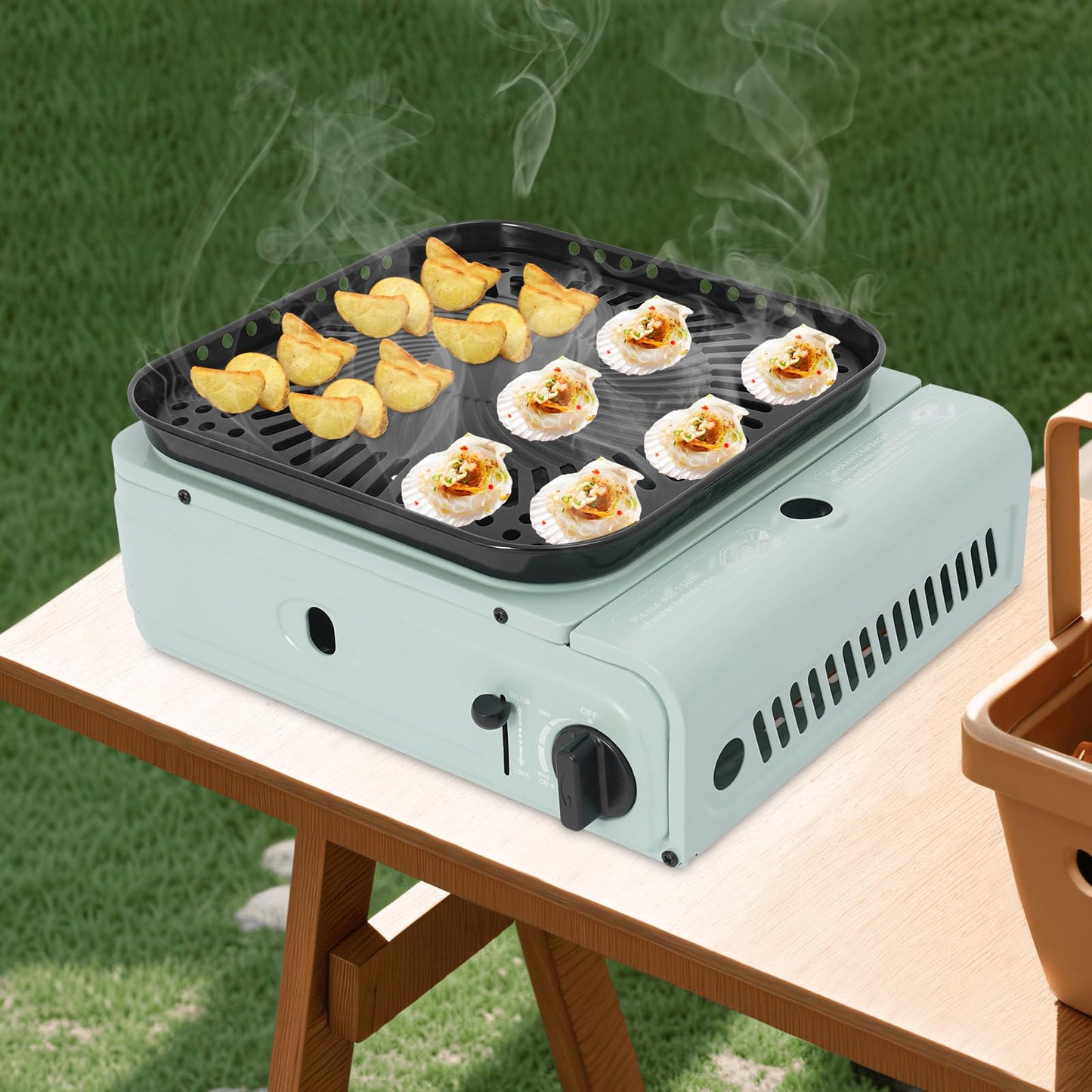 Mejuv Portable Camping Stove, Single Propane Burner with Large Grill Tray for Outdoor Camping, BBQ, Turkey Fry, Patio Patry (Green)