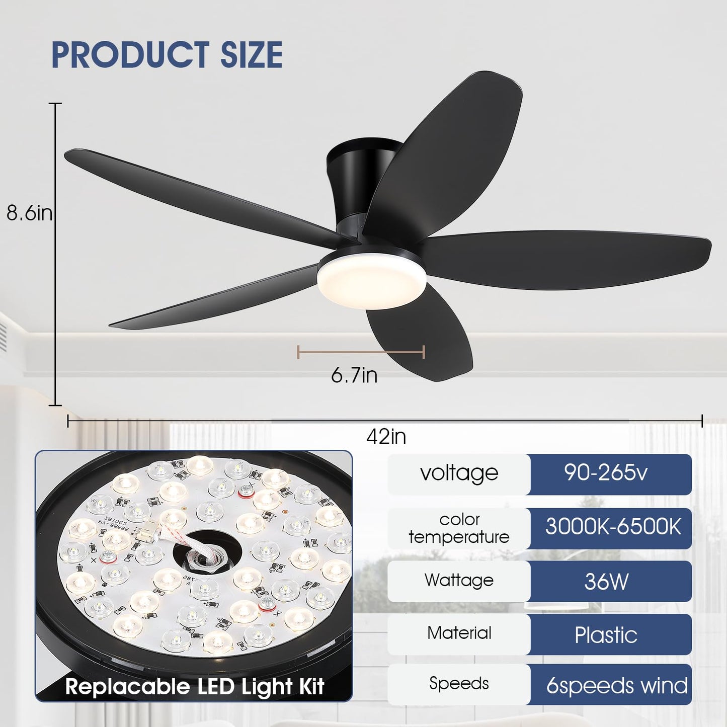 Surtime 42" Ceiling Fans with Lights-Low Profile Ceiling Fan with Light and Remote/APP Control,Flush Mount,DC Reversible,LED Dimmable Black Ceiling Fans for Bedroom,Indoor/Outdoor Patio Use
