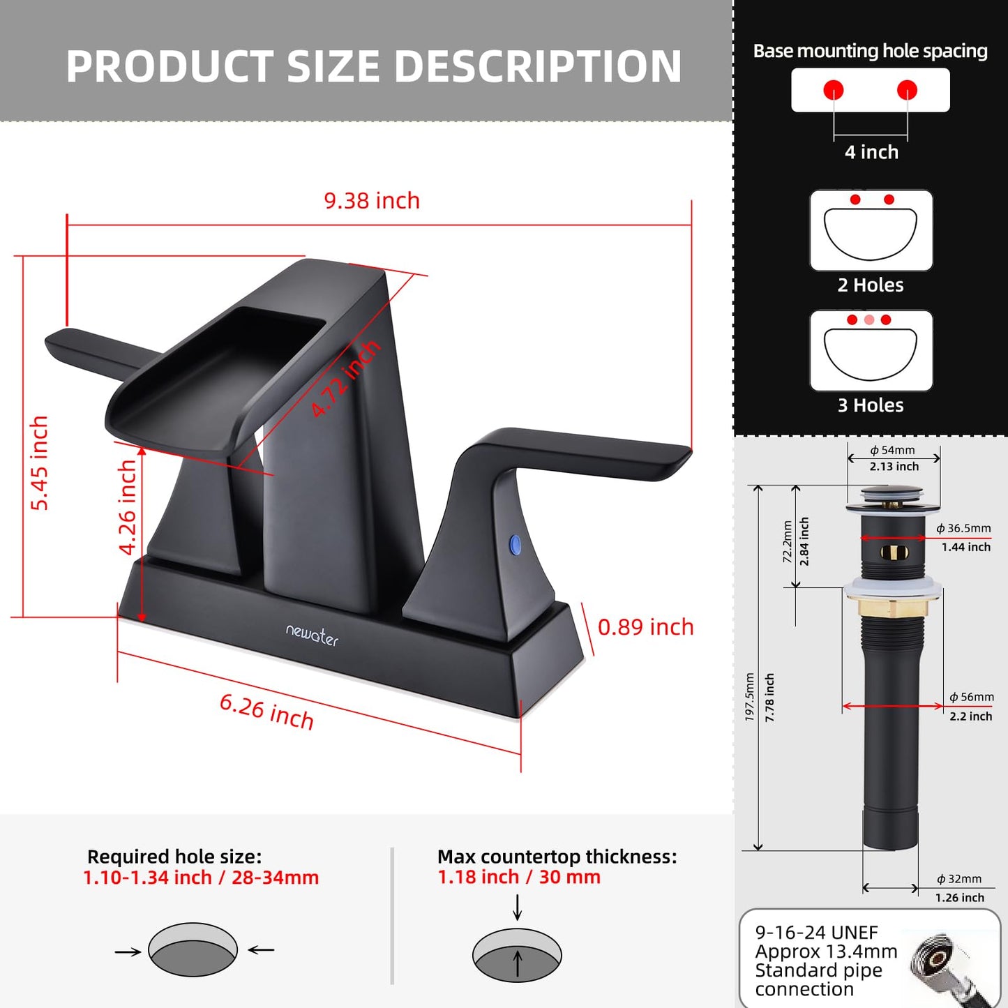 Waterfall Bathroom Faucets for Sink 2-3 Hole, NEWATER 4 inch Matte Black Bathroom Sink Faucet with Metal Pop-up Drain and 2 Supply Hoses，2-Handle Centerset Vanity Faucet for Sink
