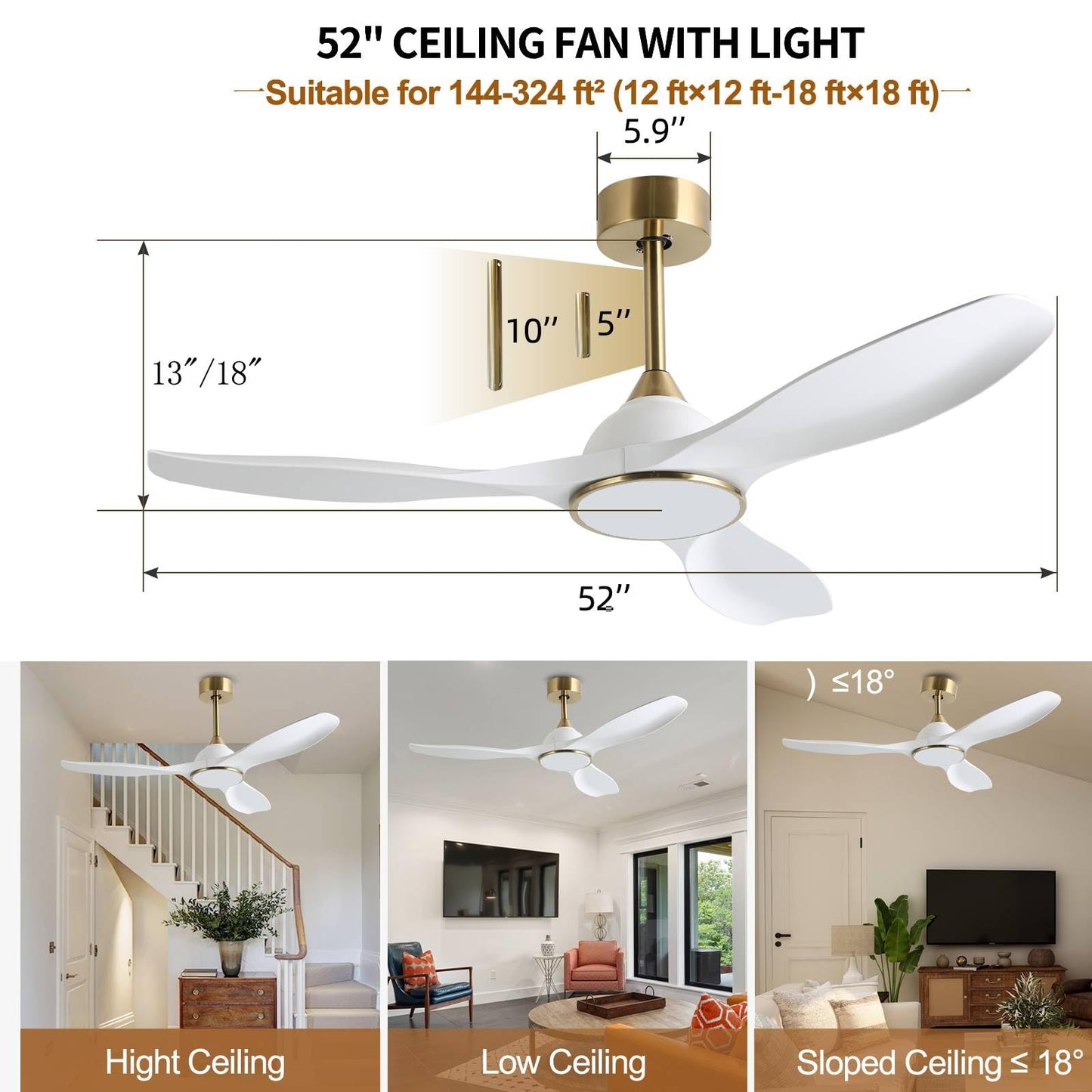 Fanliving 52 Inch 6 Speed High CFM Quiet DC Motor Modern Ceiling Fan with Lights Remote Control, 3 Blade White Gold Indoor Bedroom Living Room Ceiling Fan