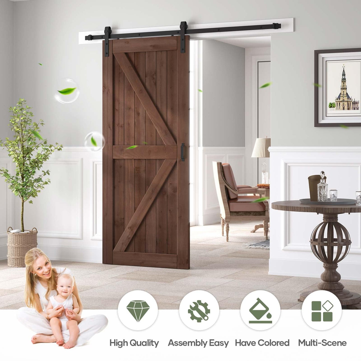 ROYMELO 36x84 inch Sliding Barn Wood Door Slab with 6.6ft Hardware Kit and Handle, Coffee, K Shape, Simple DIY Assembly