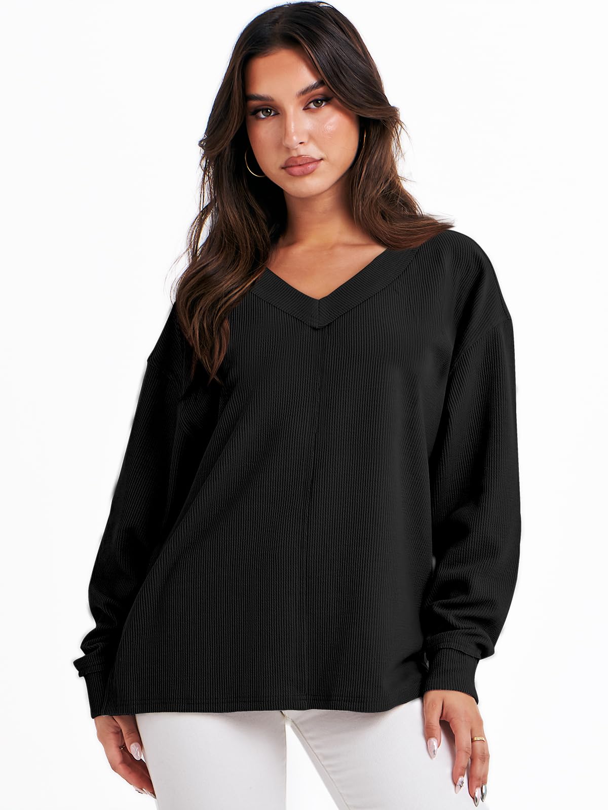 ANRABESS Oversized Long Sleeve Shirts for Women Off the Shoulder Sweatshirt Loose V Neck Tunic Tops High Low Sweater 2025 Black Medium