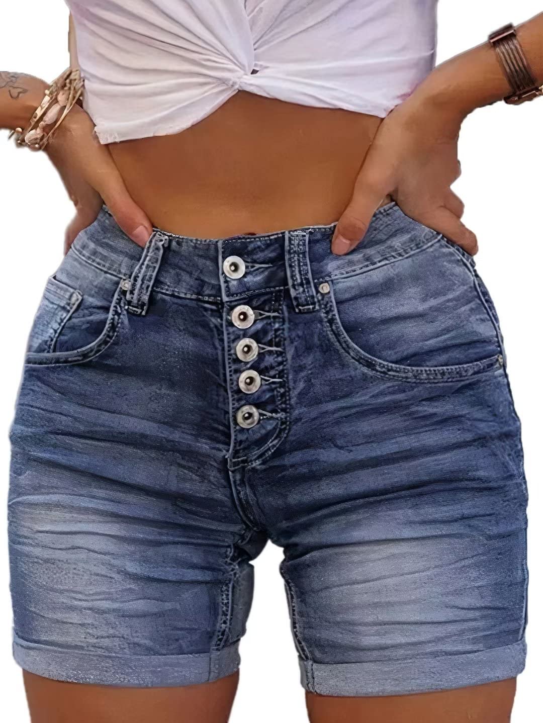 Flamingals Women's Button Fly Denim Shorts for Women Mid Waist Casual Bermuda Jeans Shorts Navy Blue M