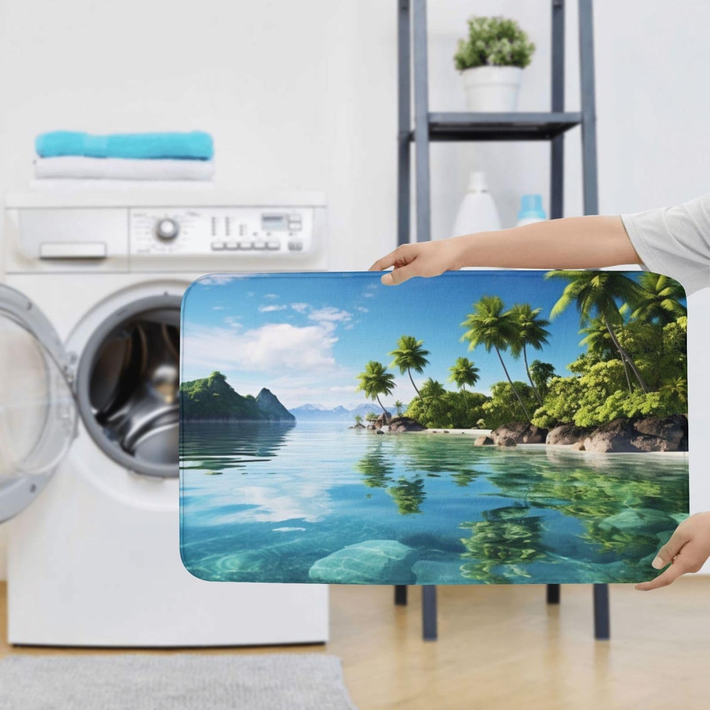 Beautiful Island In The Sea Bathroom Rug Set - 3 Piece Non Slip Shower Mats With U-Shaped Contour Toilet Mat, Absorbent Microfiber Bath Mats Washable Bathroom Floor Mats For Tub Shower Room Decor