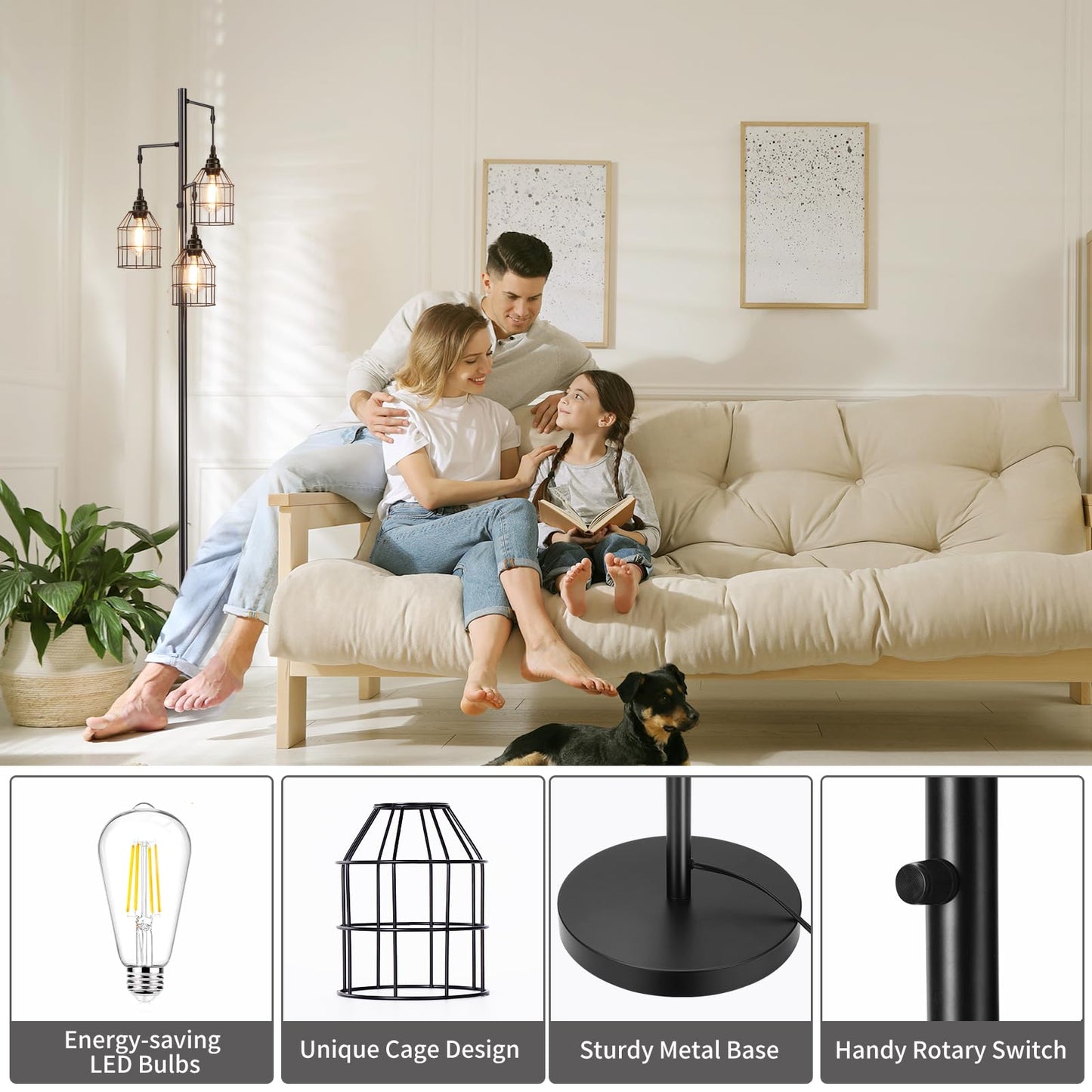 Sucolite 70" Dimmable Floor Lamp for Living Room, Industrial 3-Light Tree Floor Lamp Black with Cages, Farmhouse Rustic Tall Standing Lamp Floor Lighting for Bedroom Office, 3 Free LED Edison Bulbs