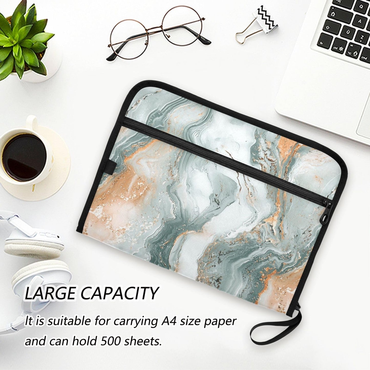 Marble Texture Green Gold File Folders,Plastic Folders with 13 Pockets,Expandable File Folder for Documents School Students Office,Aesthetic Folder with Labels A4 Letter Size