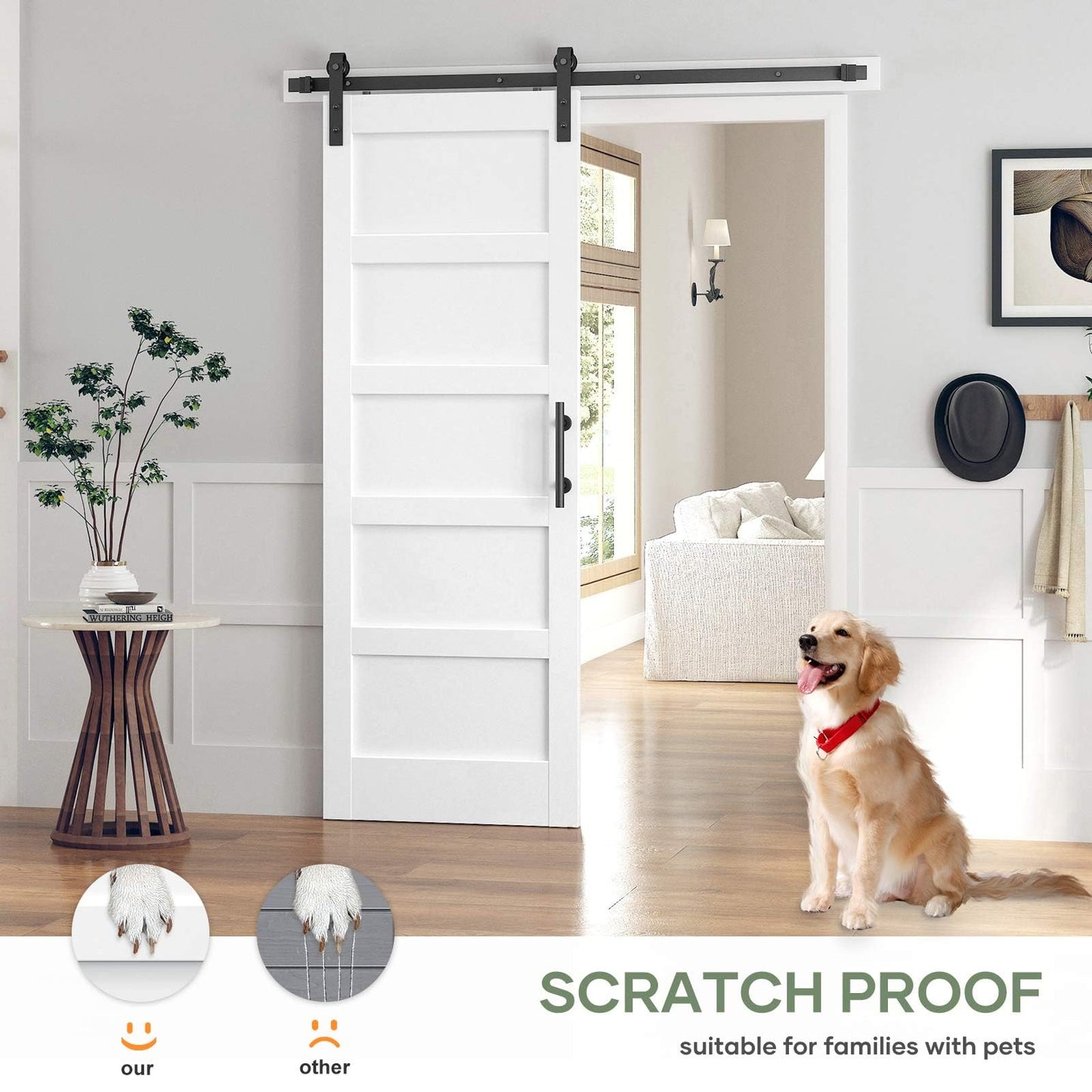 ROYMELO 30x84 Inch White Sliding Barn Door Slab with 5.5ft Hardware Kit Included, 5-Panel, MDF Wood Panel Covered with Water-Proof Scratch-Proof PVC Surface, Simple DIY Assembly