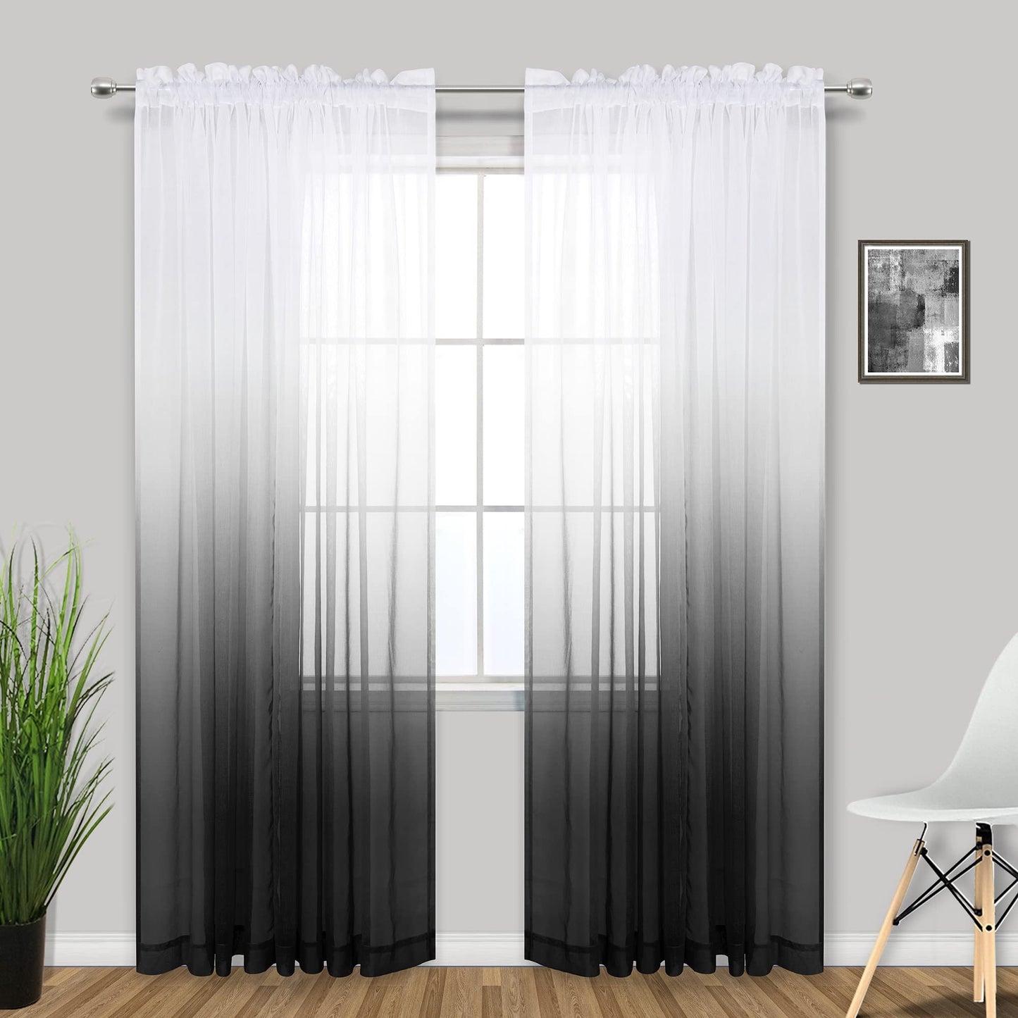 KOUFALL Modern Decorative Unique Faux Linen Ombre Semi Sheer White and Black Sheer Curtains for Living Room Bedroom Boys Room Decor Teen 52 x 84 Length 2 Windows Curtain Set Panels Rod Pocket