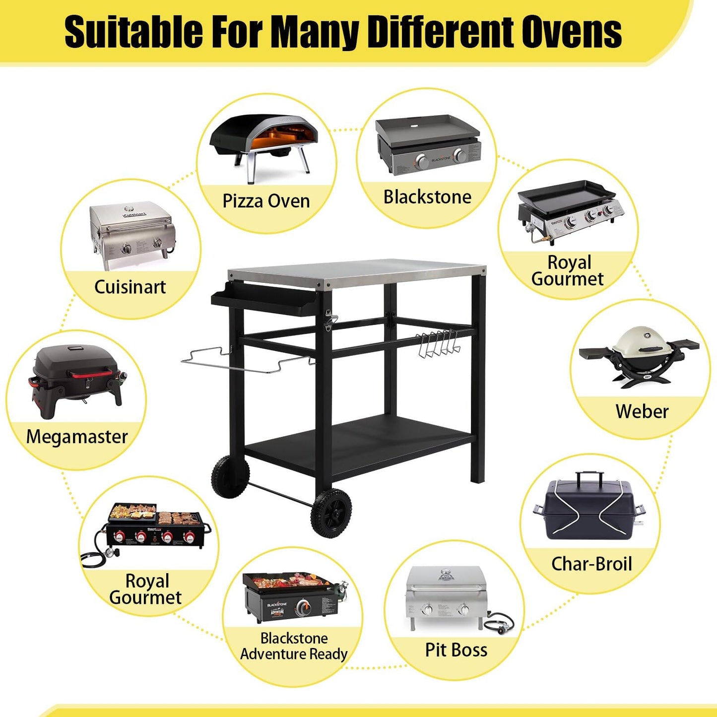 Large Stainless Steel Movable Outdoor BBQ Cart Table, 3 Tier Outdoor Kitchen Prep Table Pizza Oven Stand with Wheels, Suitable for BBQ, Camping